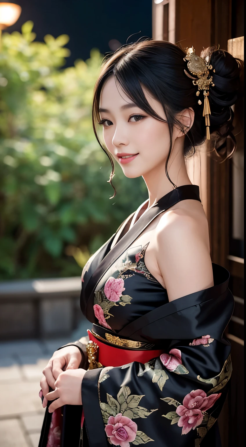 ((Best Quality, 8K, Masterpiece: 1.3)), Super Cute Beautiful Woman, 1 Girl, (Beautiful Breasts:1.3), (Abs, Slender Figure: 1.1), Sharp Focus, (((Intricate Details)), High Detail, Upper Body, One Girl, Black Straight Hair with bangs, Japanese Gothic dress, kimono tops, black pleats skirt, 8K, 8K Resolution, clean detailed face, Detailed Body, Detailed Clothes, Sharp Images, Japan Anime Concept Art, trending on Pixiv, looking the viewer, facing the viewer, attractive model pose, seductive smile, pink lipstick, bokeh, field of depth, 8 life size, 8k resolution, upper body image, shot on EOS 5D Mark IV, 35mm lens, f1.8, arms behind, hands behind,