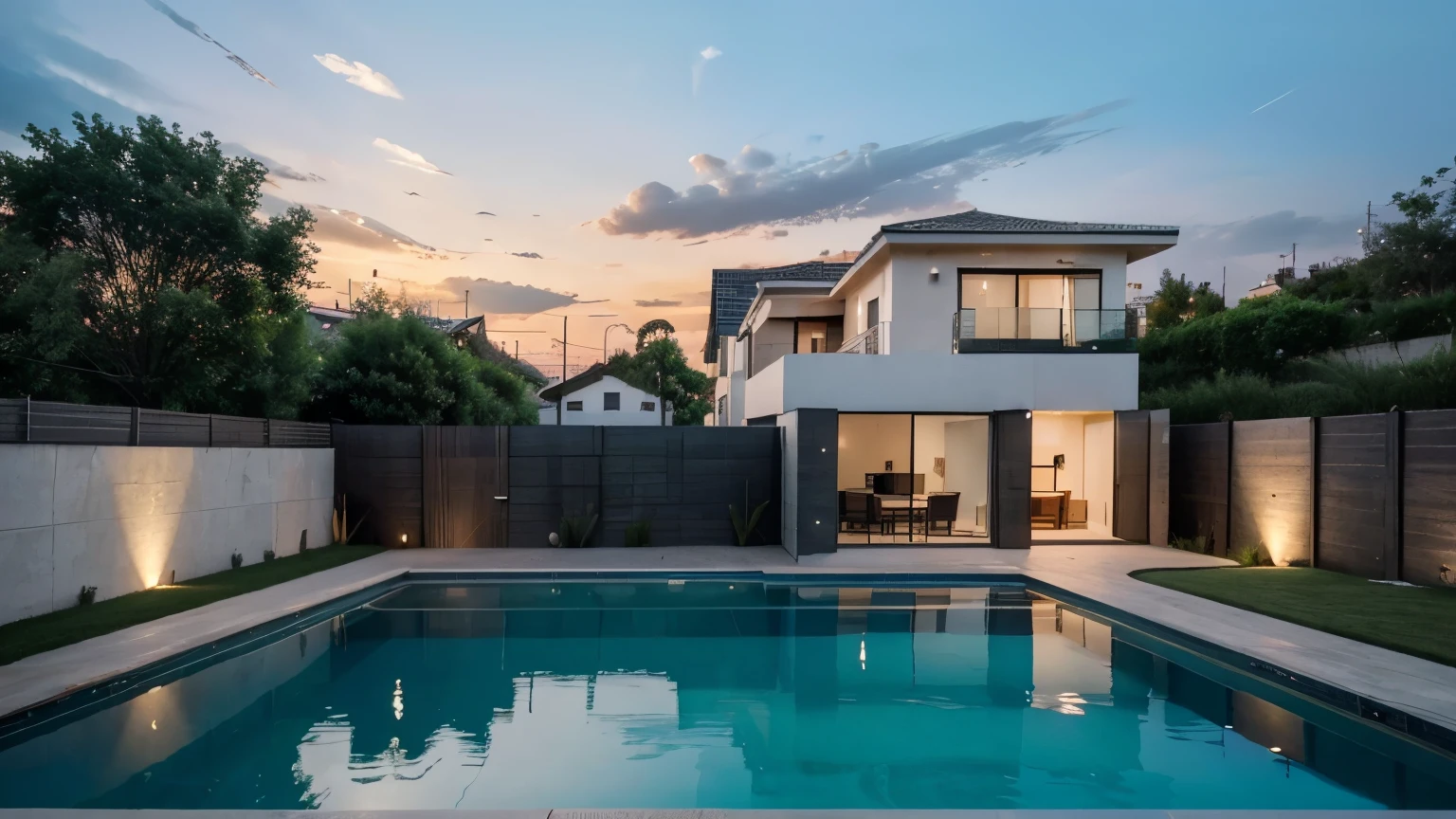 close up of a modern house wall with pool on the background on a evening