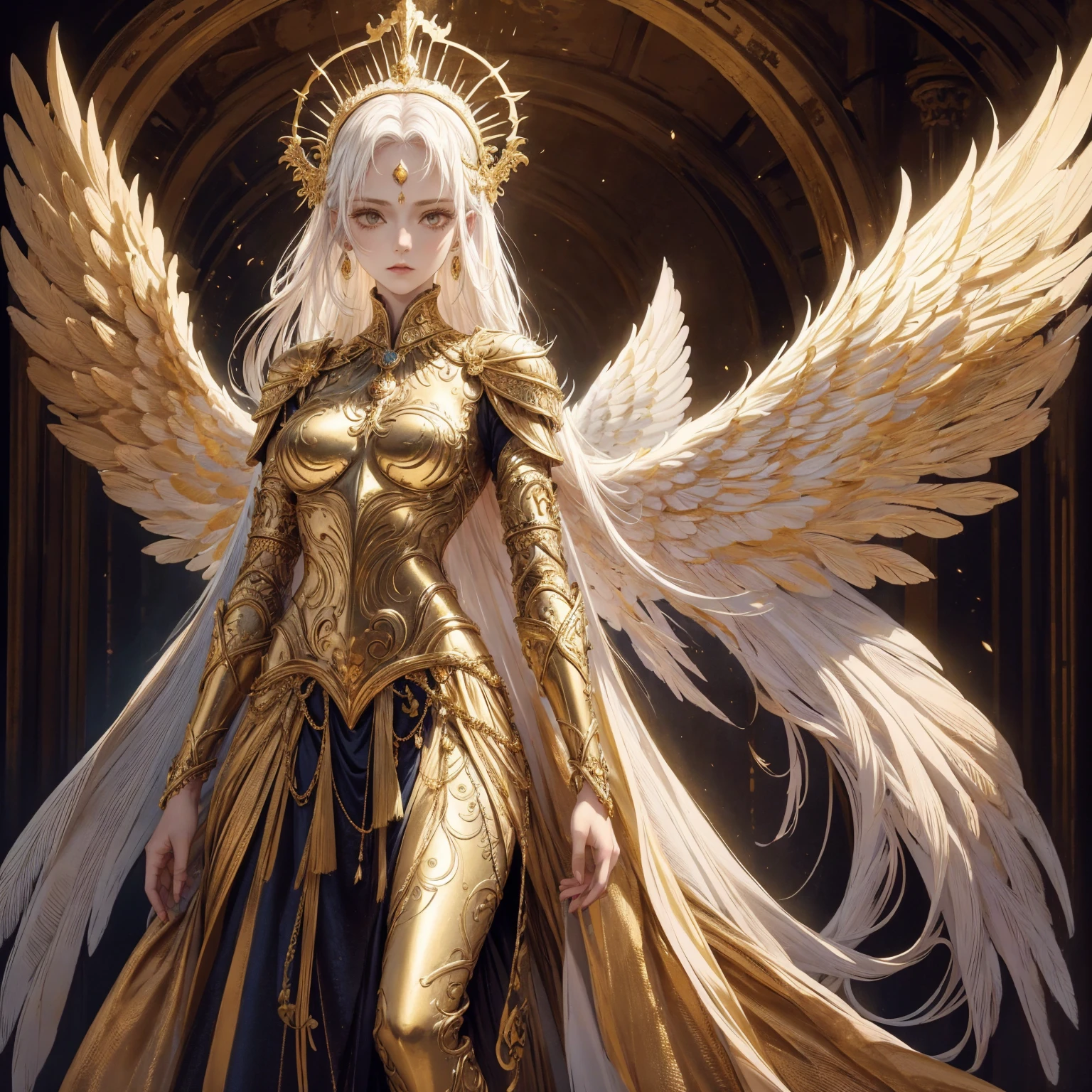 Art of Woman Wearing Sun Crown, Wearing a gorgeous golden plate that exposes a small amount of skin above the chest, Wearing a gorgeous golden dress, A pair of giant angel wings taller than the body spread out behind the woman., ancient goddess art, Sacredness. Very detailed, Mysterious inspiration, Inspiration from the Sun God, Religious inspiration, Cold and snobbish face, Dangerous expressions, White hair, Standing, Full body portrait, Gothic art style, Weird art style, Occult art