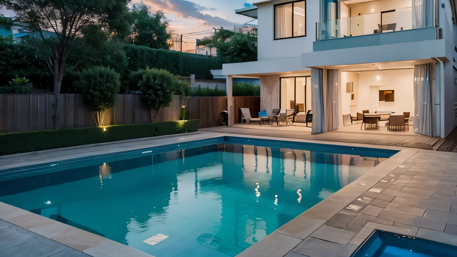 close up of a modern house wall with pool on the background on a evening