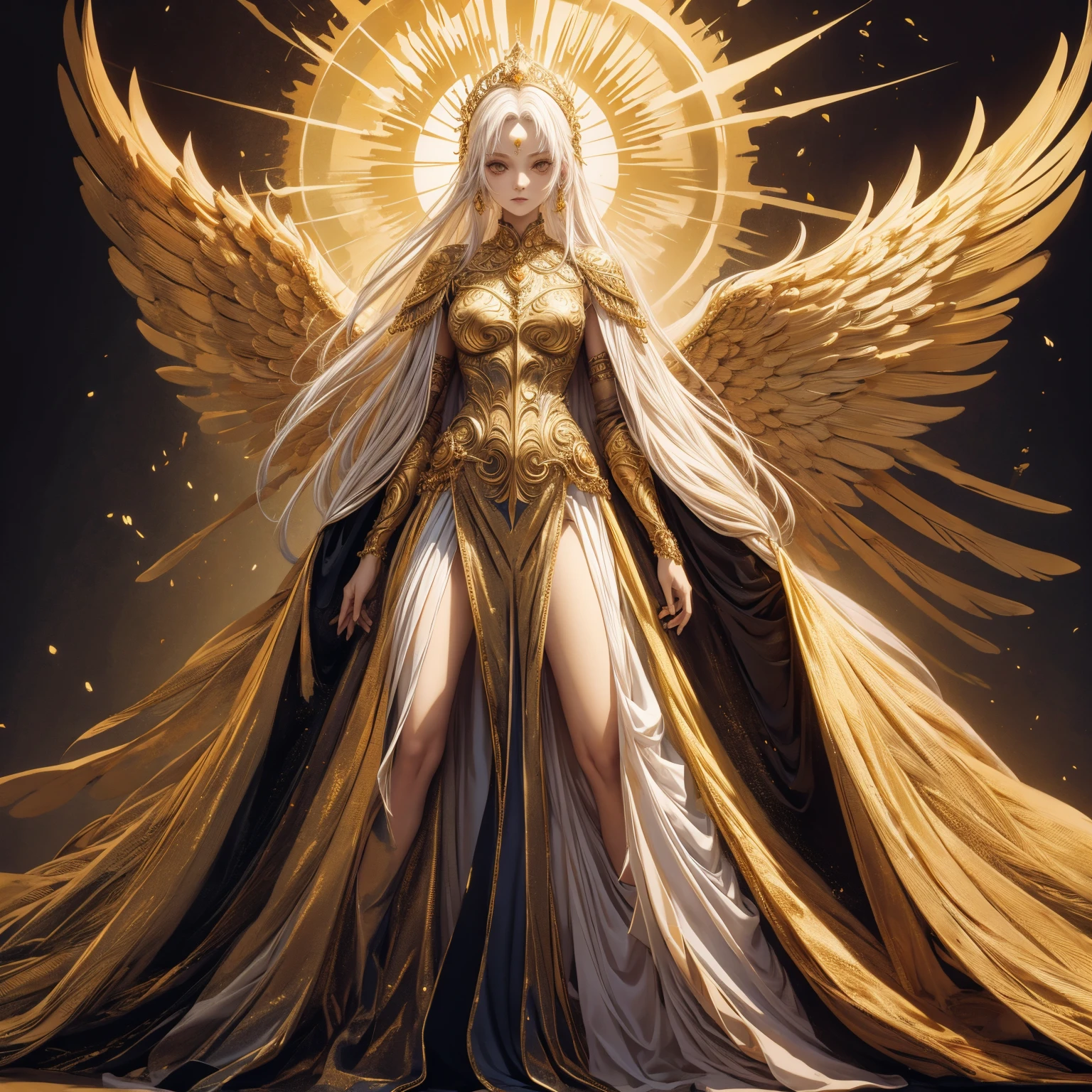 Art of Woman Wearing Sun Crown, Wearing a gorgeous golden breastplate that exposes a small amount of skin above the chest, Wearing a gorgeous golden dress, A pair of giant angel wings taller than the body spread out behind the woman., ancient goddess art, Sacredness. Very detailed, Mysterious inspiration, Inspiration from the Sun God, Religious inspiration, Cold and snobbish face, Dangerous expressions, White hair, Standing, Full body portrait, Gothic art style, Weird art style, Occult art
