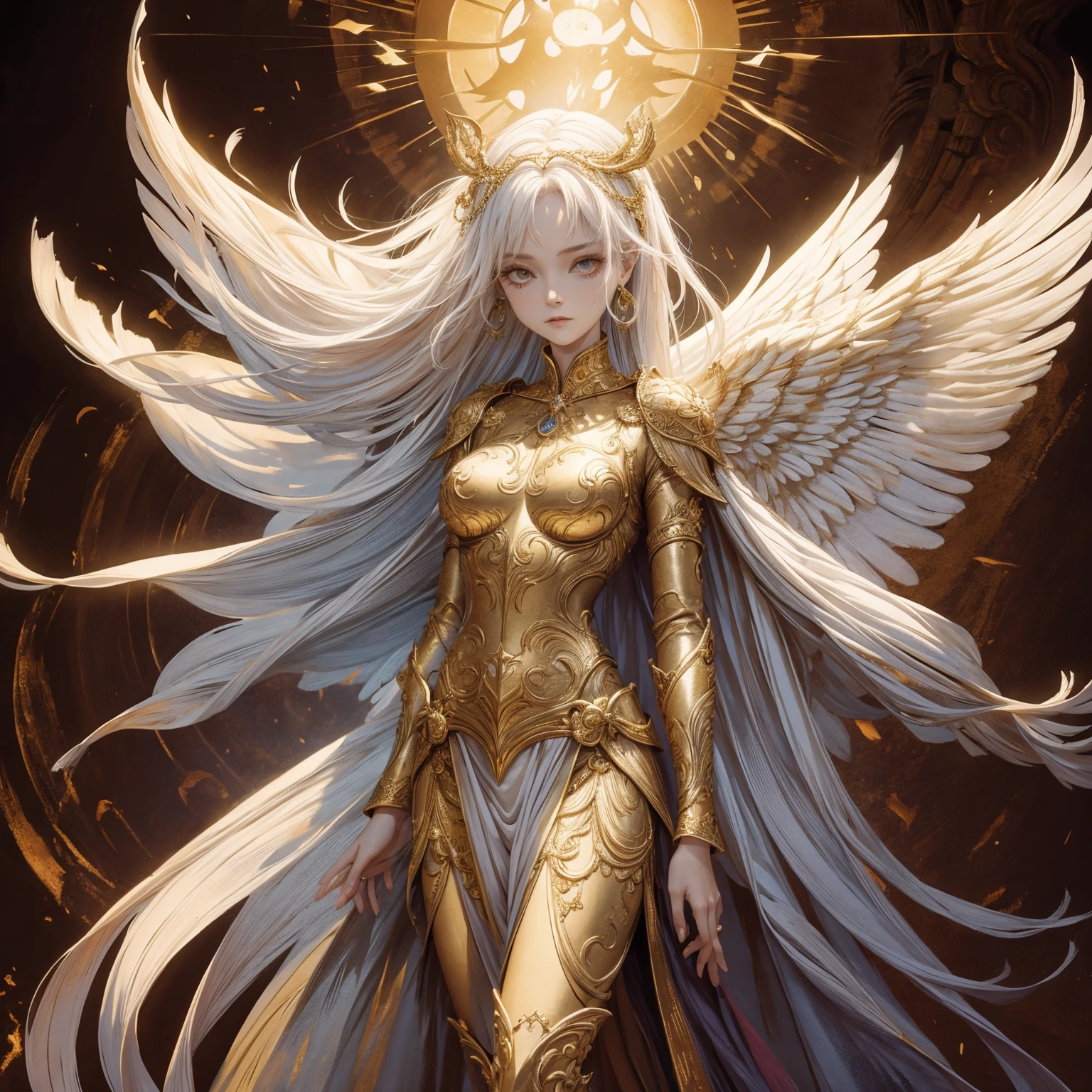 Art of Woman Wearing Sun Crown, Wearing a gorgeous golden breastplate that exposes a small amount of skin above the chest, Wearing a gorgeous golden dress, A pair of giant angel wings taller than the body spread out behind the woman., ancient goddess art, Sacredness. Very detailed, Mysterious inspiration, Inspiration from the Sun God, Religious inspiration, Cold and snobbish face, Dangerous expressions, White hair, Standing, Full body portrait, Gothic art style, Weird art style, Occult art