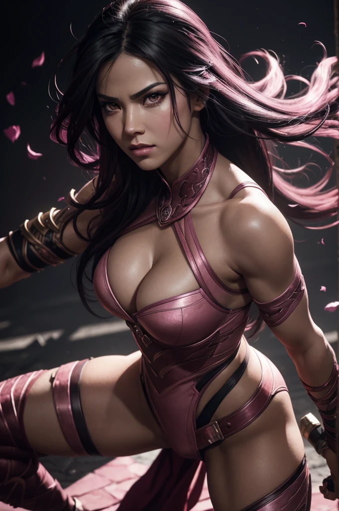 a detailed portrait of Mileena from mortal kombat, photorealistic digital art, full body epic battle pose, black and pink body costume, black hair with pink streaks, (best quality,4k,8k,highres,masterpiece:1.2),ultra-detailed,(realistic,photorealistic,photo-realistic:1.37),highly detailed face, beautiful detailed eyes, beautiful detailed lips, extremely detailed eyes and face, long eyelashes, epic battle stance, dynamic pose, rose pink accents, moody lighting, dramatic shadows, cinematic composition, bob haircut