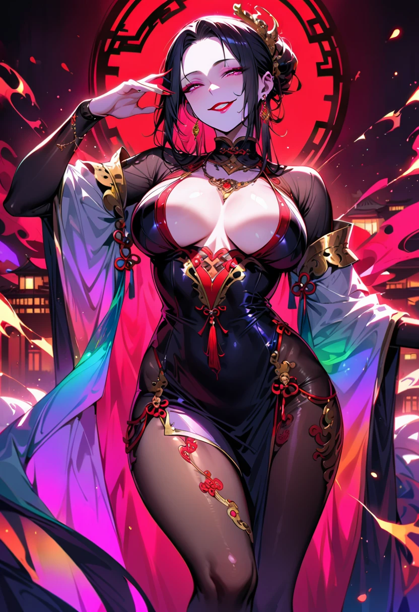 1 mature beautiful woman,(Highest quality,Extremely detailed depiction,Incredibly absurd high resolution,Anatomically accurate depiction,Curvy Legs,Detailed pupil),(Glowing Skin,Shiny skin),(A charming Chinese noble lady),(The intricately constructed costume of a Chinese goddess,See-through,Intricate embroidery,Shiny fabric,Rainbow gradient sleeves,black tights),eyelash,(Pink Eyes,Crazy Eyes,There is cleavage in the chest,Wicked Smile,Glossy Red Lips,Flashy makeup,Seductive gestures,Half-closed eyes:1.3),Luxury accessories,earrings,necklace,whole body,background:Chinese-style mansion,From below:1.3