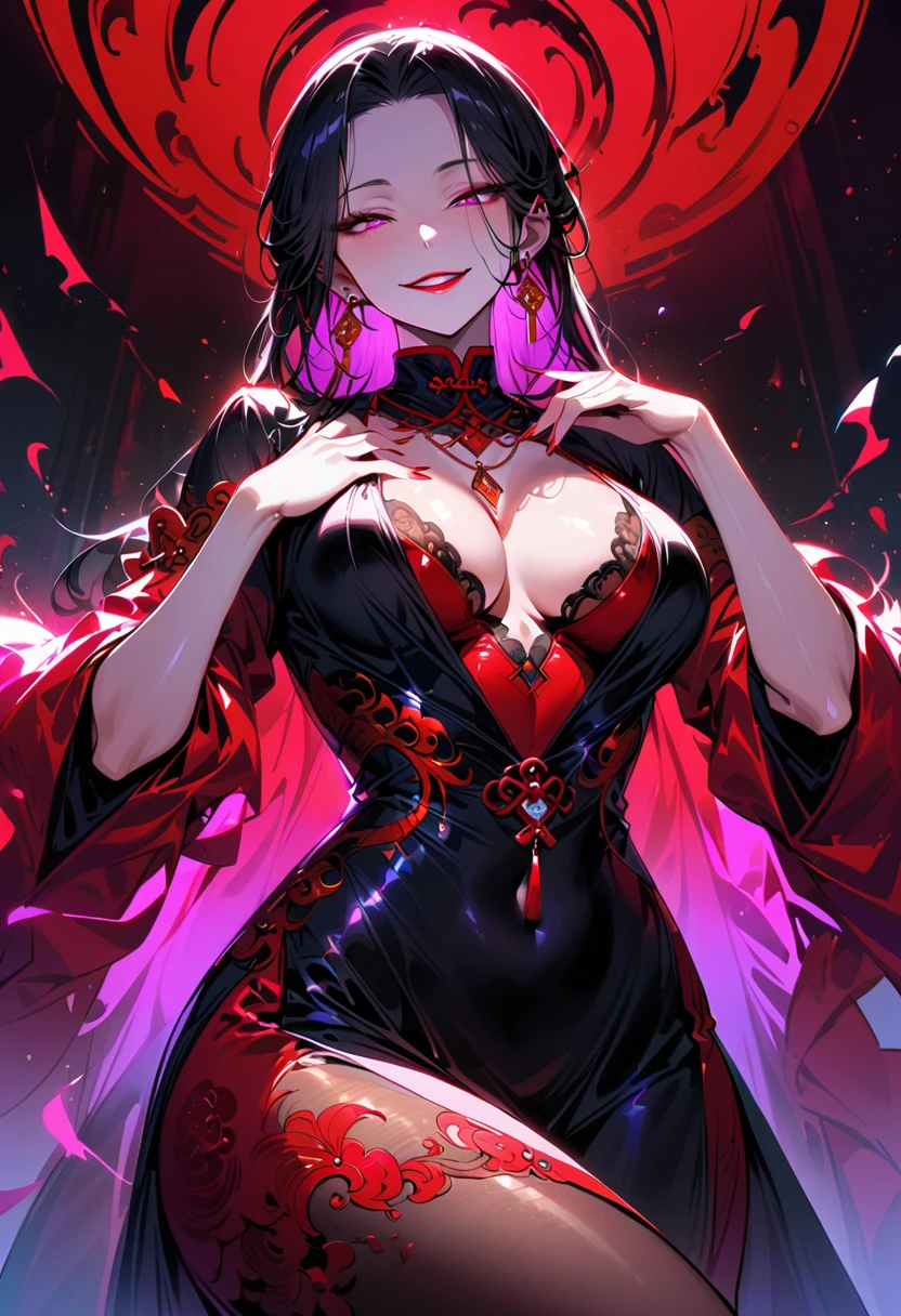 1 mature beautiful woman,(Highest quality,Extremely detailed depiction,Incredibly absurd high resolution,Anatomically accurate depiction,Curvy Legs,Detailed pupil),(Glowing Skin,Shiny skin),(A charming Chinese noble lady),(The intricately constructed costume of a Chinese goddess,See-through,Intricate embroidery,Shiny fabric,Rainbow gradient sleeves,black tights),eyelash,(Pink Eyes,Crazy Eyes,There is cleavage in the chest,Wicked Smile,Glossy Red Lips,Flashy makeup,Seductive gestures,Half-closed eyes:1.3),Luxury accessories,earrings,necklace,whole body,background:Chinese-style mansion,From below:1.3
