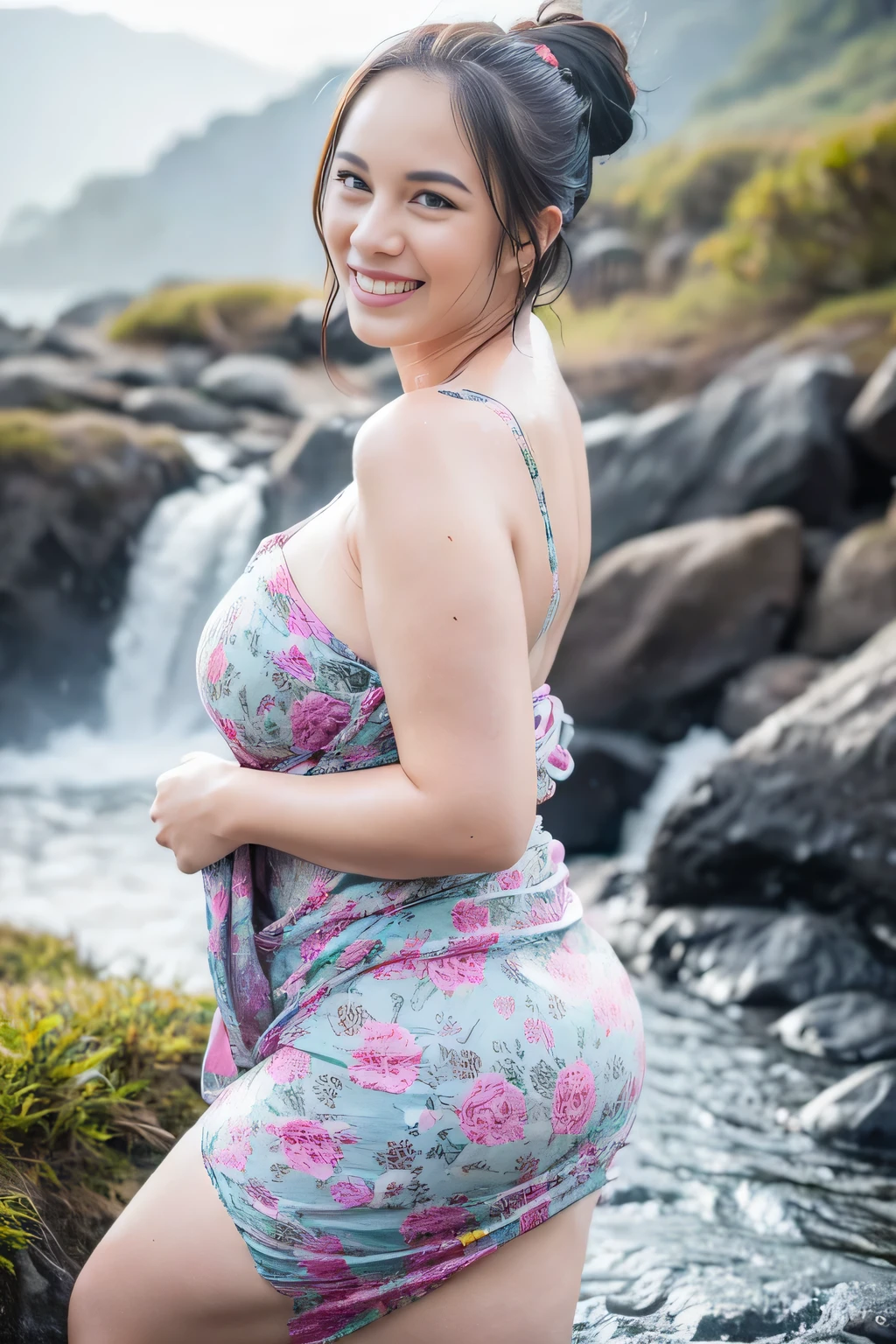Fat Woman、Woman in wet clothes、Immersed in water up to the thighs、Standing facing the front、White Dress、Wearing a dress、Lake and forest background、Looking at the camera、can see through、Pubic hair showing through、