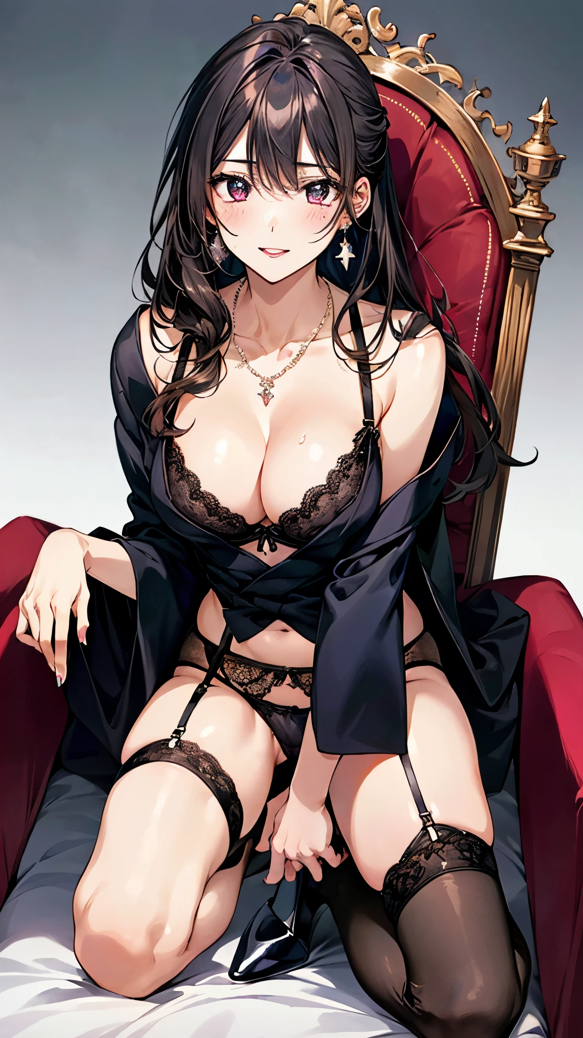 Ecstasy face　Climax（organs）（vagina,Sex）Black penis vibrator in hand, Masturbation Masturbation play,alone、Lewd face　One hand lewdly touches the underwear between her legs　Shy and seductive look　A look of contempt　Sexy Body　Clear Eyes　Round eyes　Sit in a luxurious chair　office lady　Japanese women　Manga illustration　Beautiful and firm breasts　Beautiful E Cup Breasts　the body is slim　Highest quality　4K Chignon Hairstyle　Hair tied up　Medium Long Hair　Light brown black hair　hair ornaments　necklace　Hotel with a great night view　Simple Background　Seductive pose　garter belt　Black lace stockings　Earrings　　派手なnecklace　Finer details　Beautiful anime illustrations　Beautiful Face　alone　High resolution, One Girl, Highest quality, Attention to detail, Slightly parted lips　Seductive red lips　Professional, Vibrant colors, Perfect Anatomy, ideal facial features, 理想的なProfessionalポーションの図, Perfectly beautiful body, Highly detailed skin, Glowing Skin, Glowing Skin, Cleavage, Captivating smile)),Sexy see-through pink lace bra,Obscene pink thong, (Attractive 30 year old Japanese widow,）High heels　Miss Soapland　Mature hot body　Sitting in a luxurious chair　Sparkle Effect, Anime Style, photograph, Attractive nail art　Dimly lit room　White beauty uniform　A sophisticated gravure idol　Gorgeous Japanese Model