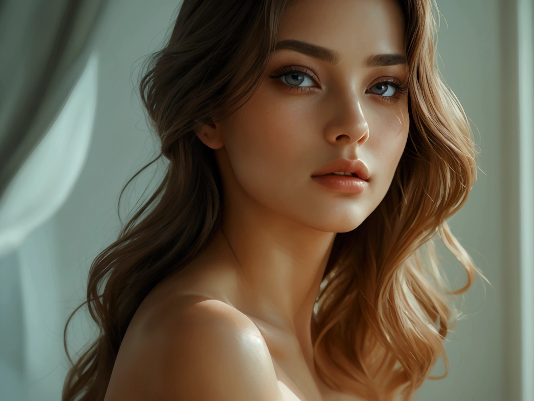 a sexy nude woman, flawless smooth skin, beautiful detailed eyes, beautiful detailed lips, extremely detailed face and body, long eyelashes, sensual expression, elegant pose, natural lighting, cinematic, high quality, hyper detailed, photorealistic, oil painting, 8k