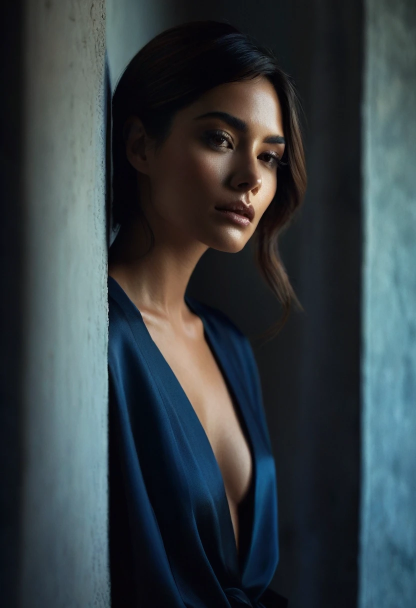 woman bathed in soft light, leaning against a wall, looking into the camera in a moment of raw emotion. Her attire is minimal, accentuating her beauty with the dramatic shadows cast by the lighting. The background is stark, with sharp contrasts highlighting the contours of her form. The blue and black palette intensifies the mood, evoking a sense of mystery and allure. Subtle film grain and meticulous shading add depth and texture, emphasizing the emotional gravity of the scene. The lighting creates a chiaroscuro effect, accentuating her expressive pose and the intense atmosphere.