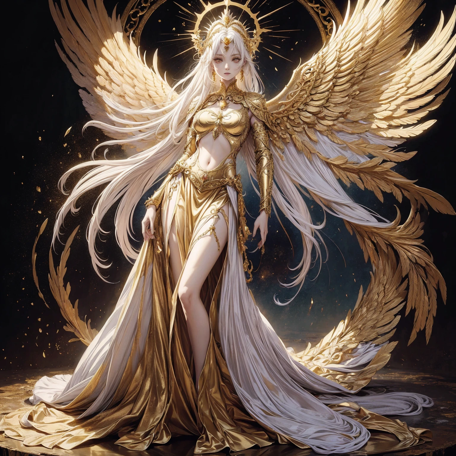 Art of Woman Wearing Sun Crown, Wearing a gorgeous golden breastplate that exposes a small amount of skin above the chest, Wearing a gorgeous golden skirt, A pair of giant angel wings taller than the body spread out behind the woman., ancient goddess art, Sacredness. Very detailed, Mysterious inspiration, Inspiration from the Sun God, Religious inspiration, Cold and snobbish face, Dangerous expressions, White hair, Standing, Full body portrait, Gothic art style, Weird art style, Occult art