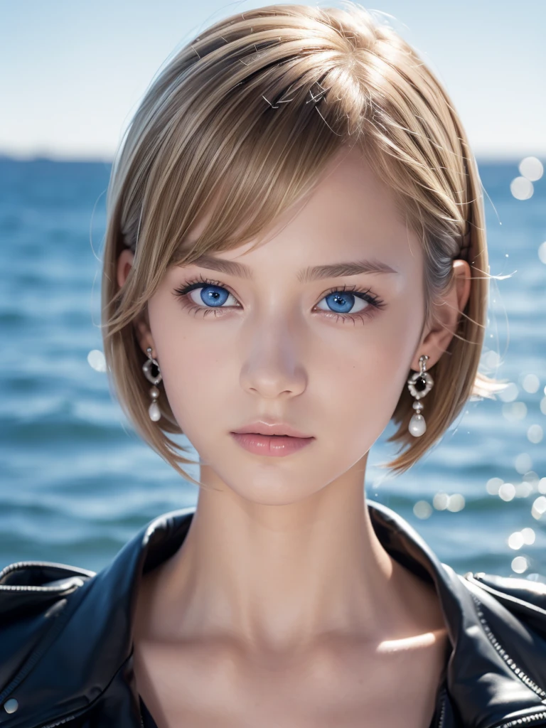 ((software: 1.4)), ((Detailed face,  Professional photography)), ((software, Super Short Hair, side lock hair,  Blonde, big, Clear sky blue eyes, Earrings, 1 girl)), Ultra-high resolution, (Realistic: 1.4), RAW Photos, Highest quality, (PhotoRealistic Stick), concentrated, Soft Light, ((15 years old)), (( (Young Face))), (surface), (Depth of written boundary), masterpiece, (Realistic), woman, bangs, ((1 girl))