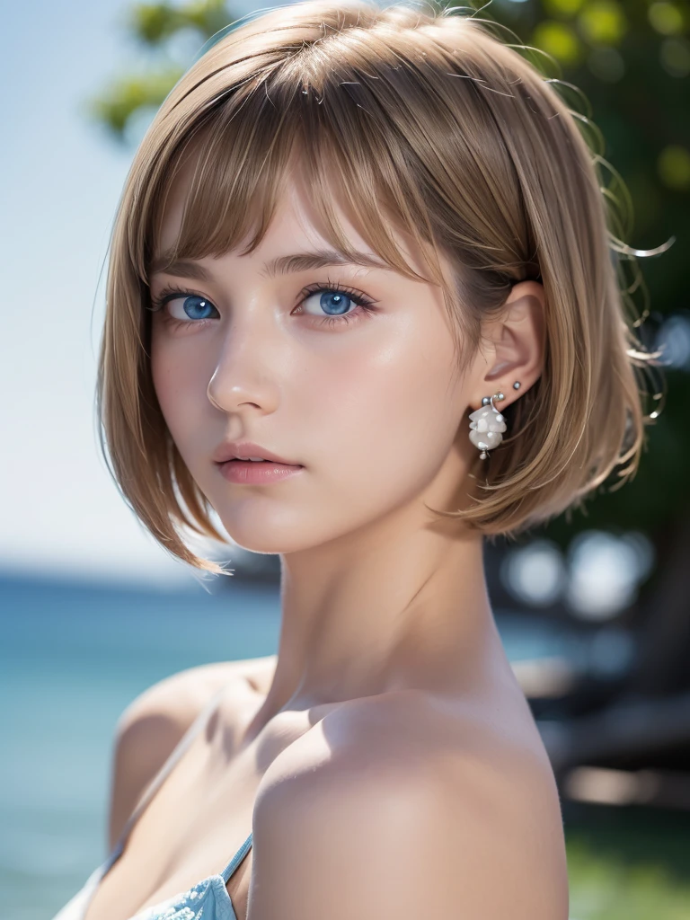 ((software: 1.4)), ((Detailed face, Professional photography)), ((software, Super Short Hair, side lock hair, Blonde, big, Clear sky blue eyes, Earrings, 1 girl)), Ultra-high resolution, (Realistic: 1.4), RAW Photos, Highest quality, (PhotoRealistic Stick), concentrated, Soft Light, (()), (( (Young Face))), (surface), (Depth of written boundary), masterpiece, (Realistic), woman, bangs, ((1 girl))