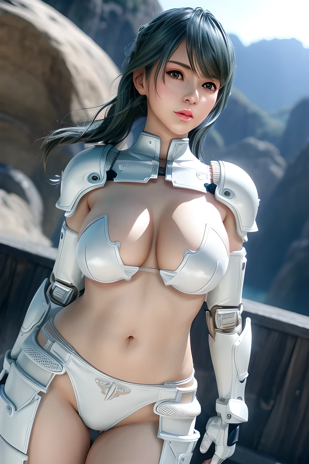 1girl, wearing sleek white mechanical armor, mecha luster, detailed belly button, prominent cleavage, huge breasts, Tamaki, beautiful detailed eyes, beautiful detailed lips, extremely detailed face, long eyelashes, dynamic pose, dramatic lighting, cinematic, epic scale, highly detailed, 8k, photorealistic, professional digital art, masterpiece, science fiction, futuristic, advanced technology