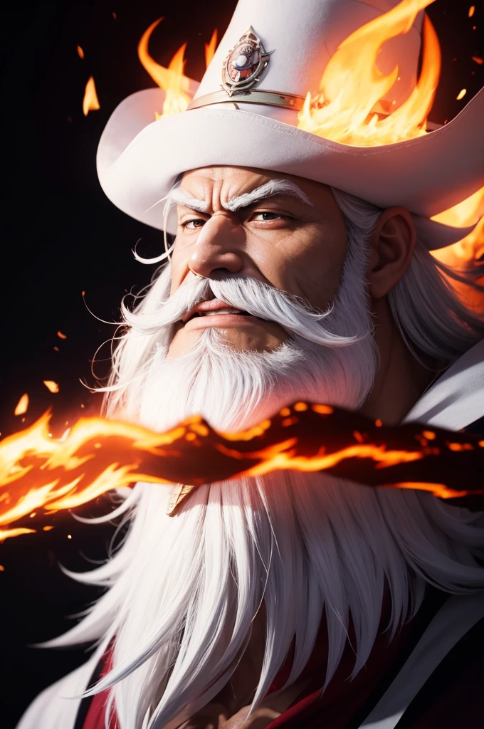 Whitebeard wizard, hat, several letters around, Fire background, 4K, anime styling