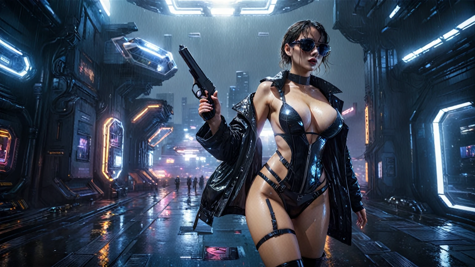 (((aerial view))), Blade Runner style futuristic space station platform, flying cars, neon lights, rainy night. (1girl, solo, alone), large-breast:1.2 slim body, cleavage:1.1, sexy laced lingerie with wet jacket, (black sunglasses), (((she raised a pistol:1.8 and shot the viewer))), dynamic pose, (((half-body thigh level medium shot))), cinematic lighting, lens flare, ray tracing.