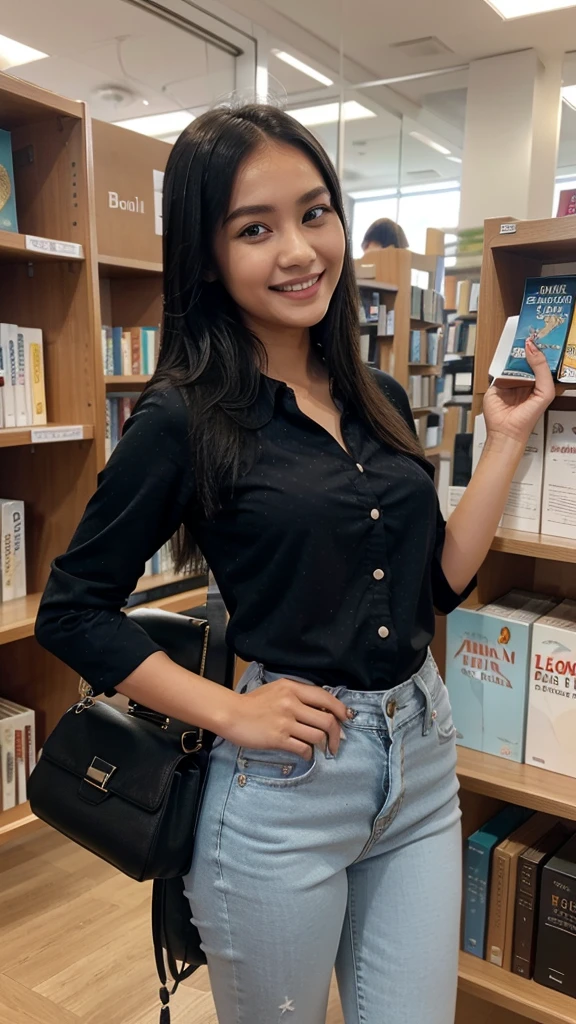 25 years old, girl, blue blouse with white dots, black skinny jeans, black blonde hair, indonesian girl, smile, with heel and bag, at library
