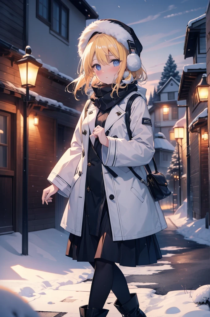 Eliase, catalyst, Yellow Hair, blue eyes, Long Hair,Knitted hat,Earmuffs,blush,Open your mouth,White Breath,White scarf,Light blue long coat,White long skirt,Black pantyhose,short boots,Walking,snowが降っている,snowが積もっている,snow,snow,snow,night,whole bodyがイラストに入るように,
break looking at viewer,whole body,
break outdoors,Residential Street,
break (masterpiece:1.2), Highest quality, High resolution, unity 8k wallpaper, (figure:0.8), (Beautiful attention to detail:1.6), Highly detailed face, Perfect lighting, Highly detailed CG, (Perfect hands, Perfect Anatomy),