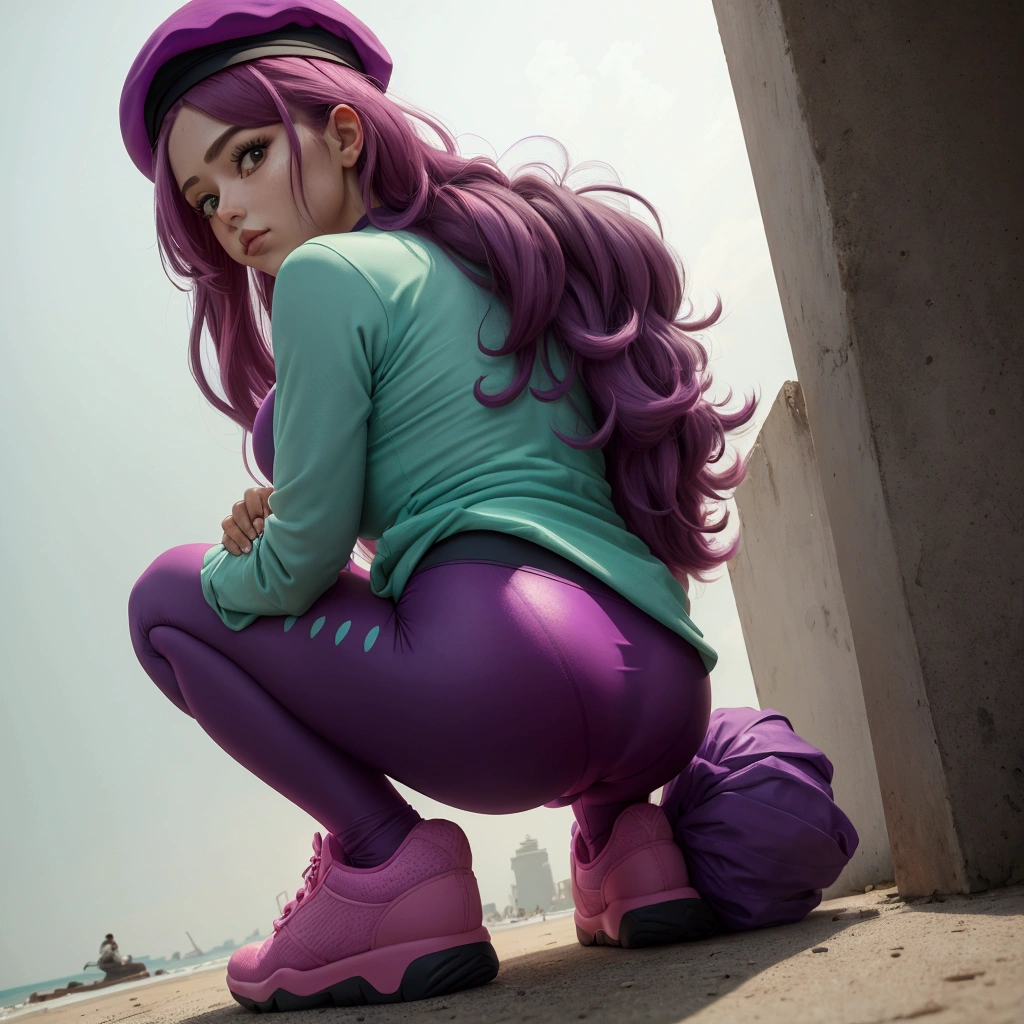 Woman squatting full body from behind wearing hot pink leggings sea foam green shirt purple vest and beret, Looking at viewer, Long Hair, From Below, 