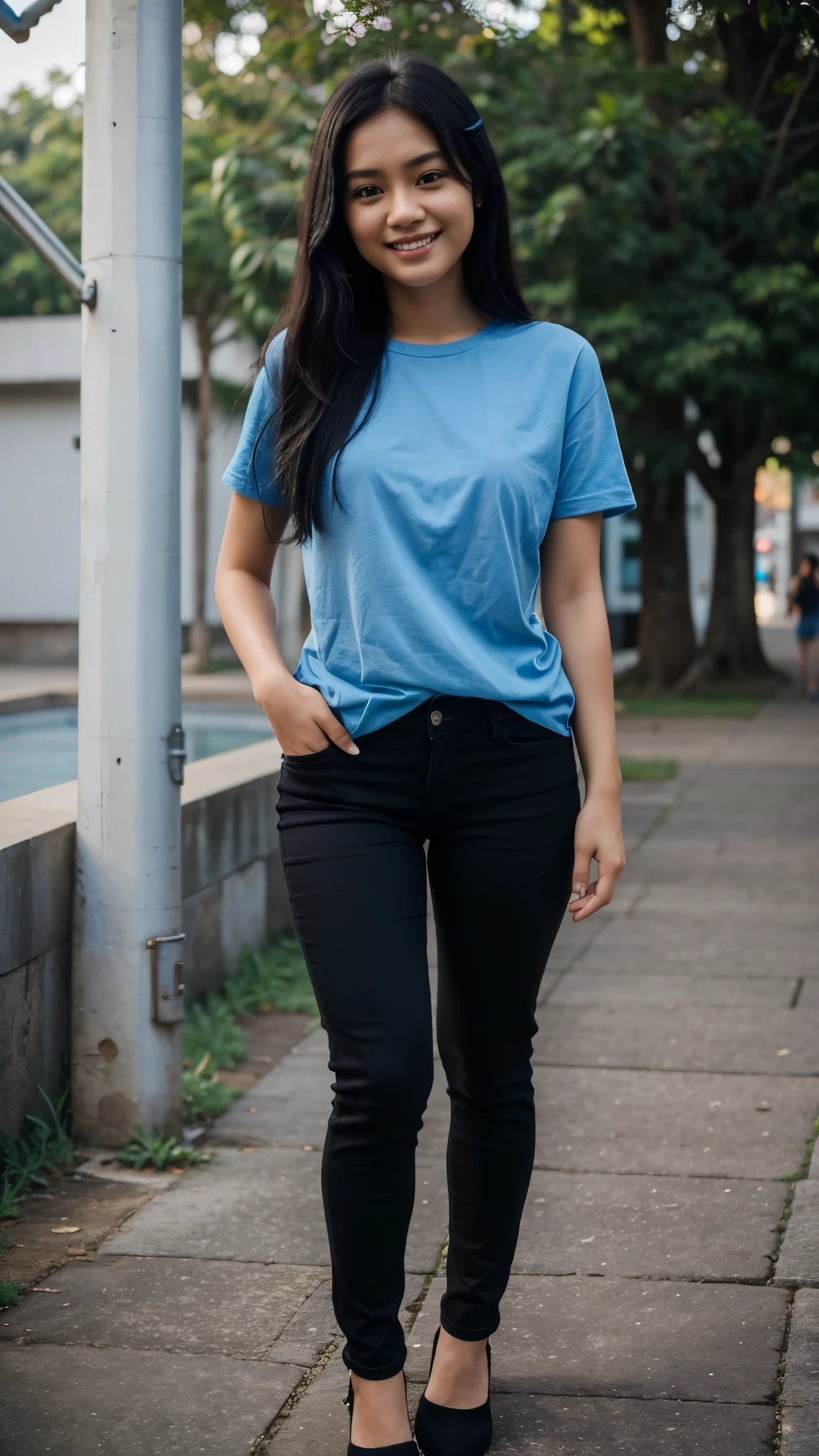 25 years old, girl, blue shirt, black skinny jeans, black hair, indonesian girl, smile, with heel, university, realistic, 8k