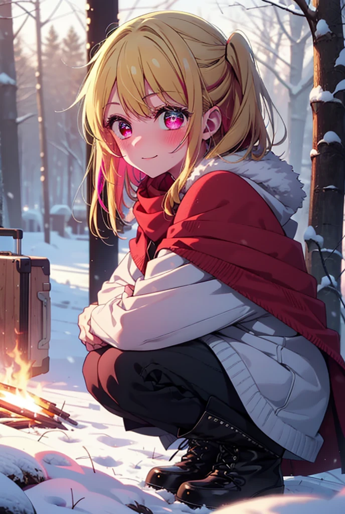 rubyhoshino, Hoshino Ruby, Long Hair, bangs, blonde, (Pink Eyes:1.3), Side Lock, (Symbol-shaped pupil:1.5), Multicolored Hair, Two-tone hair, smile,,smile,blush,white breath,
Open your mouth,snow,Ground bonfire, Outdoor, boots, snowing, From the side, wood, suitcase, Cape, Blurred, , forest, White handbag, nature,  Squat, Mouth closed, Cape, winter, Written boundary depth, Black shoes, red Cape break looking at viewer, Upper Body, whole body, break Outdoor, forest, nature, break (masterpiece:1.2), Highest quality, High resolution, unity 8k wallpaper, (shape:0.8), (Beautiful and beautiful eyes:1.6), Highly detailed face, Perfect lighting, Highly detailed CG, (Perfect hands, Perfect Anatomy),