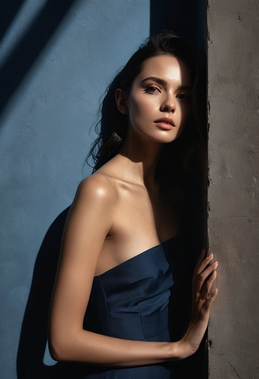 woman bathed in soft light, leaning against a wall, looking into the camera in a moment of raw emotion. Her attire is minimal, accentuating her beauty with the dramatic shadows cast by the lighting. The background is stark, with sharp contrasts highlighting the contours of her form. The blue and black palette intensifies the mood, evoking a sense of mystery and allure. Subtle film grain and meticulous shading add depth and texture, emphasizing the emotional gravity of the scene. The lighting creates a chiaroscuro effect, accentuating her expressive pose and the intense atmosphere.