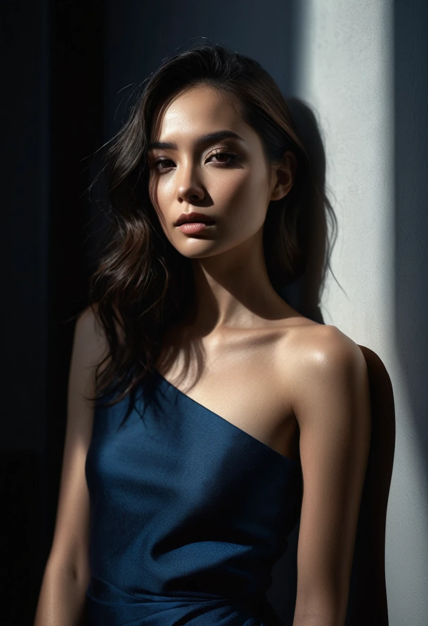 woman bathed in soft light, leaning against a wall, looking into the camera in a moment of raw emotion. Her attire is minimal, accentuating her beauty with the dramatic shadows cast by the lighting. The background is stark, with sharp contrasts highlighting the contours of her form. The blue and black palette intensifies the mood, evoking a sense of mystery and allure. Subtle film grain and meticulous shading add depth and texture, emphasizing the emotional gravity of the scene. The lighting creates a chiaroscuro effect, accentuating her expressive pose and the intense atmosphere.