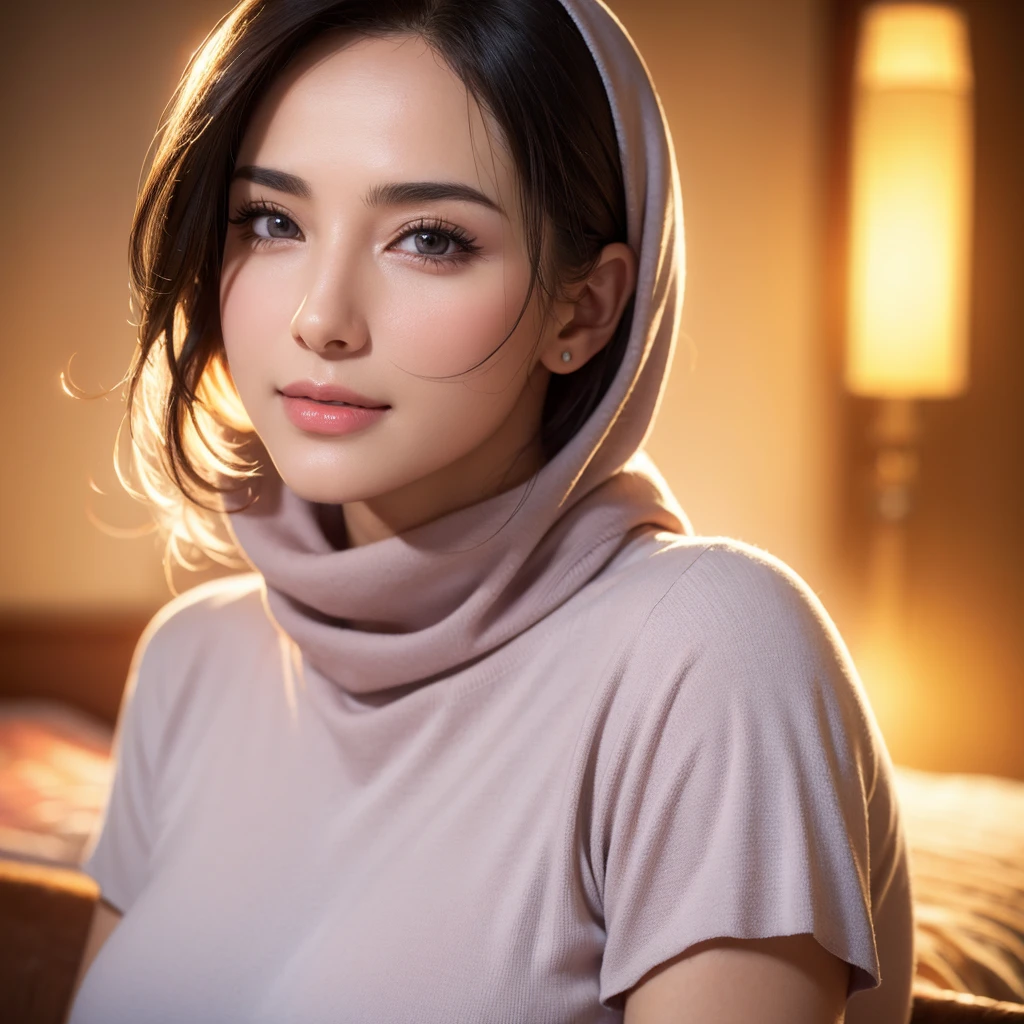 1 gorgeous mature woman in hijab, turtle neck t-shirt with vest, romantic date setting, beautiful detailed eyes, beautiful detailed lips, extremely detailed eyes and face, long eyelashes, beautiful smile, hot mom, portrait, (best quality,4k,8k,highres,masterpiece:1.2),ultra-detailed,(realistic,photorealistic,photo-realistic:1.37),HDR,UHD,studio lighting,ultra-fine painting,sharp focus,physically-based rendering,extreme detail description,professional,vivid colors,bokeh,portraits,warm color tones,dramatic lighting