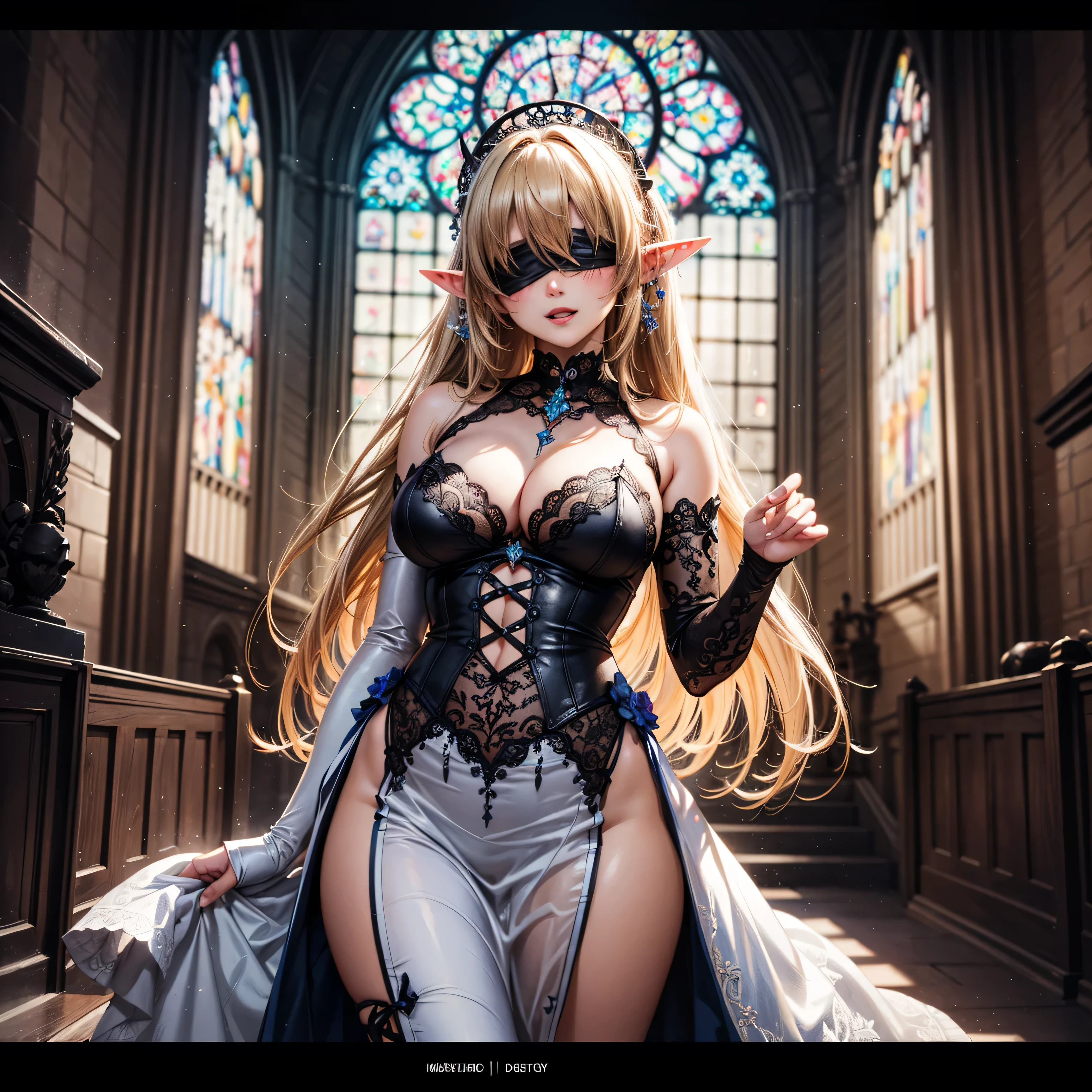 (High Detail:1.2) Anime Girl, (Best quality, Detailed), (dark and happy, gravelly:1.3, dark:1.2), 1girl, (solo), elf, long braids hair, light gold hair, ((blindfold)), long pointed ears, fair skin, big breasts, white dress, deep neckline, sinister, intense look, church, background dark, Volumetric light, hyper realistic, super detailed, Dynamic pose, (very sexy body, detailed face, detailed eyes, masterpiece, highly detailed, 8k, best quality, vibrant colors, digital art, concept art)