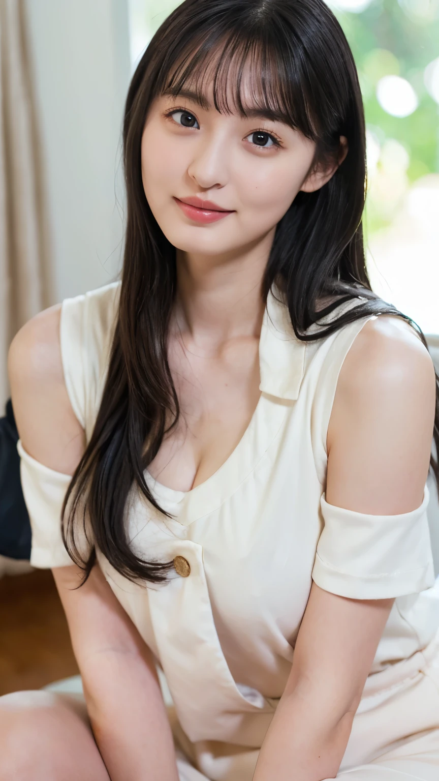 masterpiece, Highest quality, 8k,Ultra-high resolution、(((Head to knee photo)))、 22 years old, Large Breasts, cute, alone, smile、 cute, Girlish, cute、Delicate girl, Pure beauty, RAW Photos, Professional photography, Soft Light, Professional Lighting, Backlight, Looking into the camera, Sophisticated, Film Grain, (Eye and facial details:1.0), Floating Hair、Messy Hair、Wavy long hair、,Asymmetrical bangs, Round face、Young Face、(Large Breasts:1.4)、Her cleavage is visible、Nipple protrusions are clearly visible:1.6、(((High School Uniform)))、Voluptuous thighs、Translucent white skin、dolly make、(Heterochromia iridis、The left and right eyes are different colors)