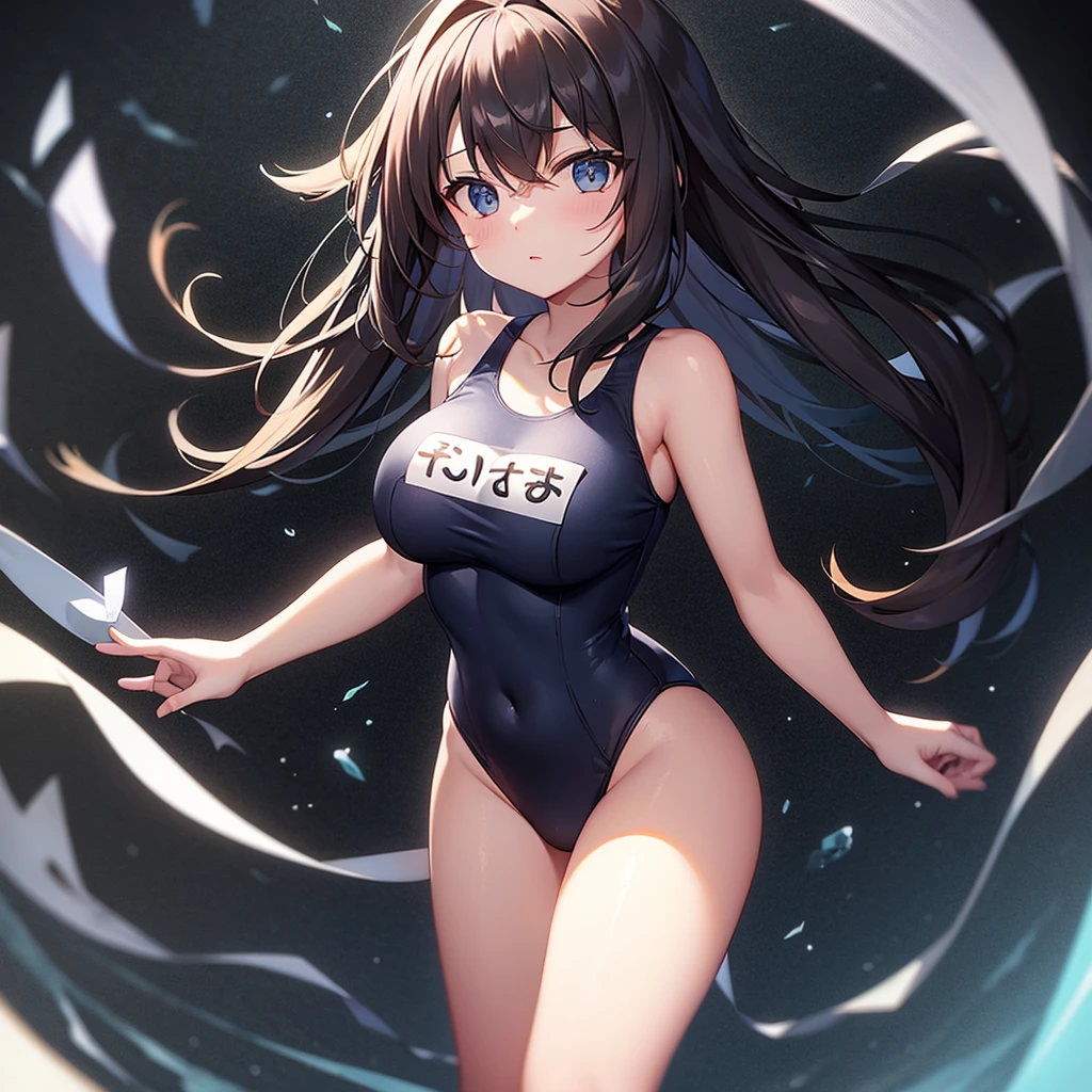 ((School Swimsuit)),,Top quality,(Dark Room), Subtle Light, Natural light,Soft lighting,Light from directly behind,(Are standing),Front view,Black background