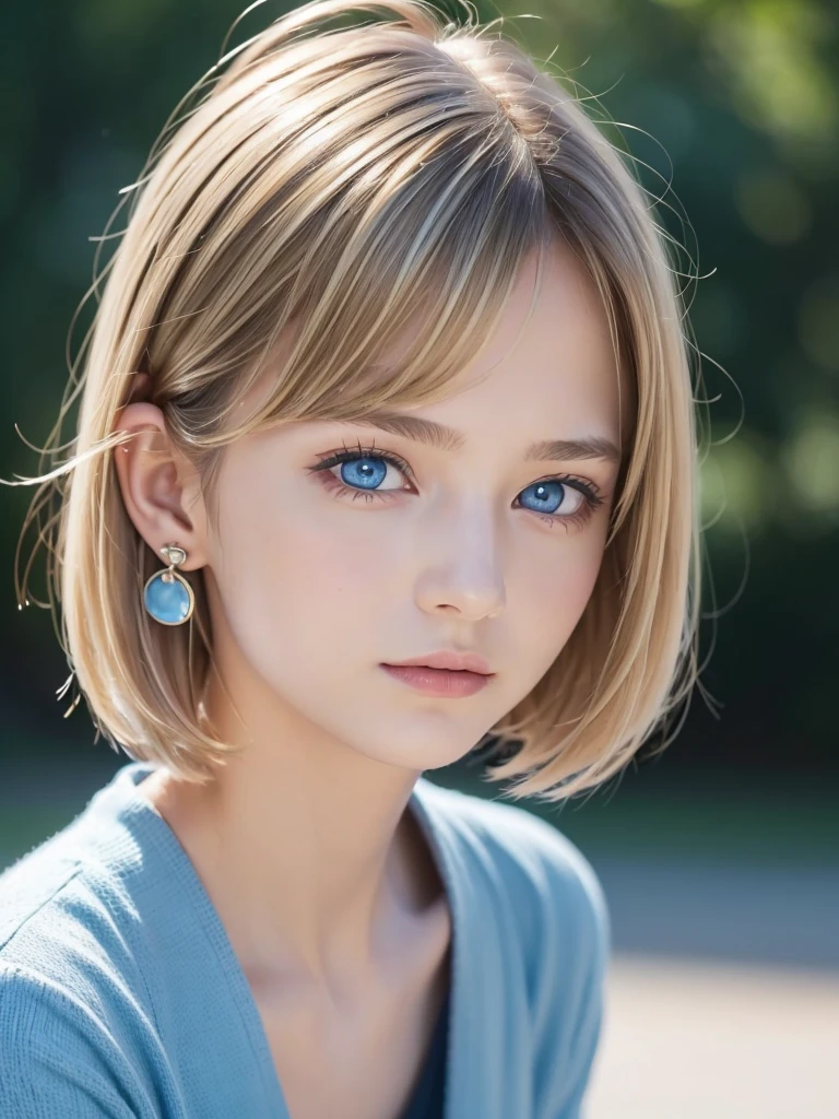 ((software: 1.4)), ((Detailed face,  Professional photography)), ((software, Super Short Hair, side lock hair, (  Blonde), big, Clear sky blue eyes, Earrings, 1 girl)), Ultra-high resolution, (Realistic: 1.4), RAW Photos, Highest quality, (PhotoRealistic Stick), concentrated, Soft Light, ((15 years old)), (( (Young Face))), (surface), (Depth of written boundary), masterpiece, (Realistic), woman, bangs, ((1 girl))