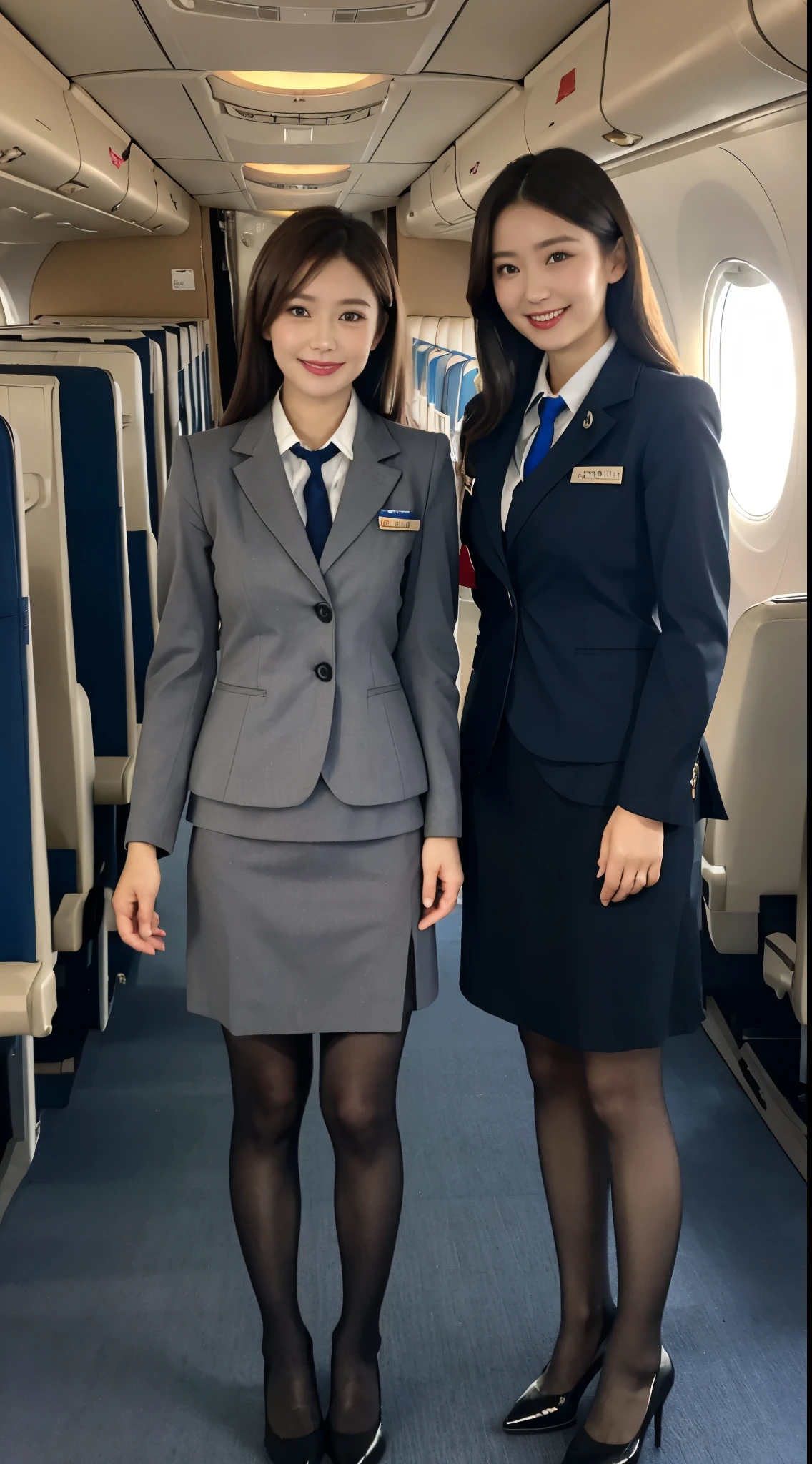 ​highest quality、table top、8k、best image quality、Award-winning work), Full body photo、two beautiful women、radiant beautiful skin , masterpiece、top-quality、The ultra -The high-definition、depth of fields、lens flare 1 girl、、brown hair, watching at viewers glares, large breasts ,  stewardess uniform, (  stewardess blazer:1.3),  Knee-length skirt、tights、, (black high heels, smiling , flight cabin
