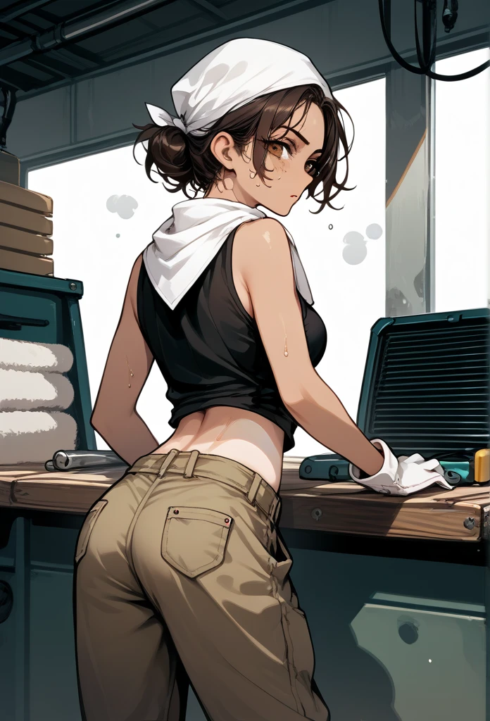 masterpiece, best quality, mature woman, messy hair, black hair, brunette gradient hair color, hot face, (tomboy face), tan skin, mature body, fit body, medium breasts, mechanic gloves, (dirty tank top), stained tank top, midriff, white bandana, mechanic pants, loose pants, workshop, (sweaty), bending over, towel around neck, back view