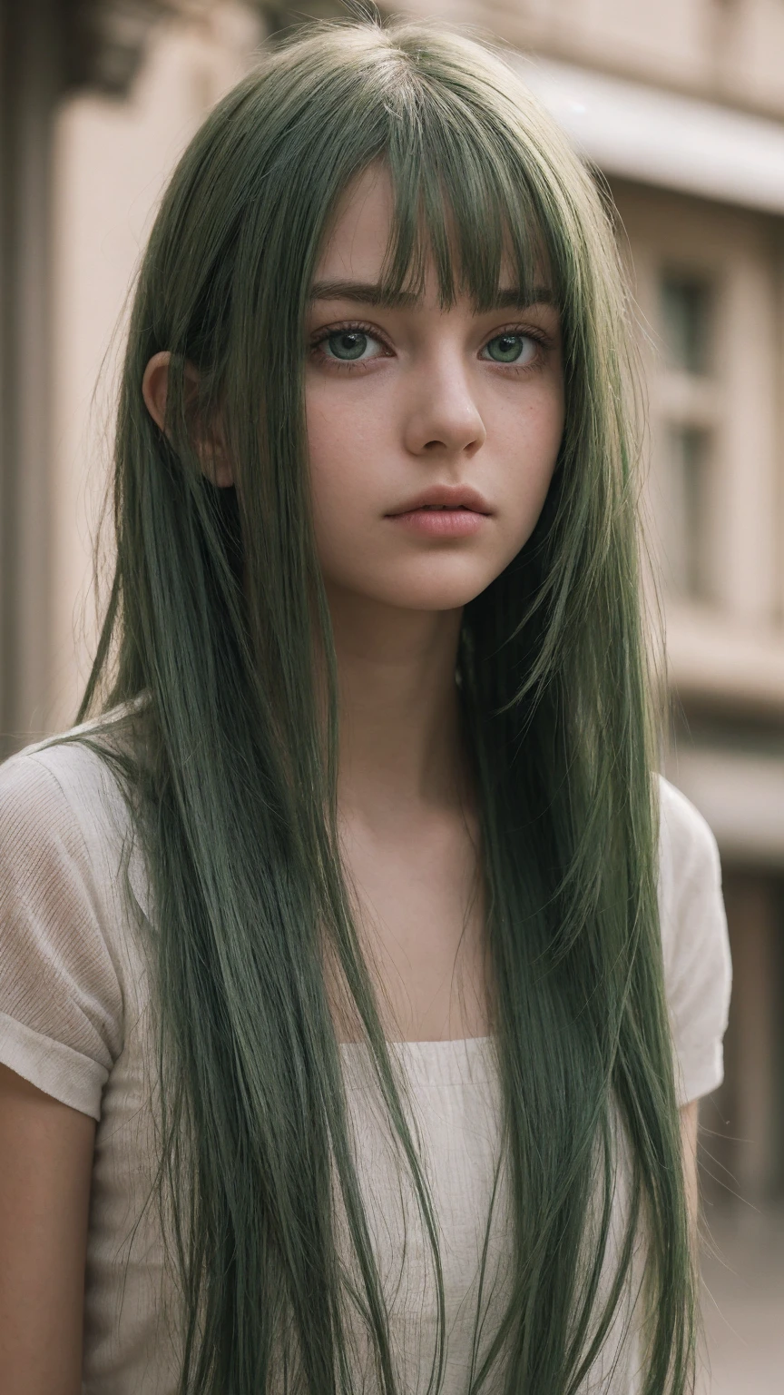 a young girl with light eyes, long dress, long green hair, portrait, very detailed face