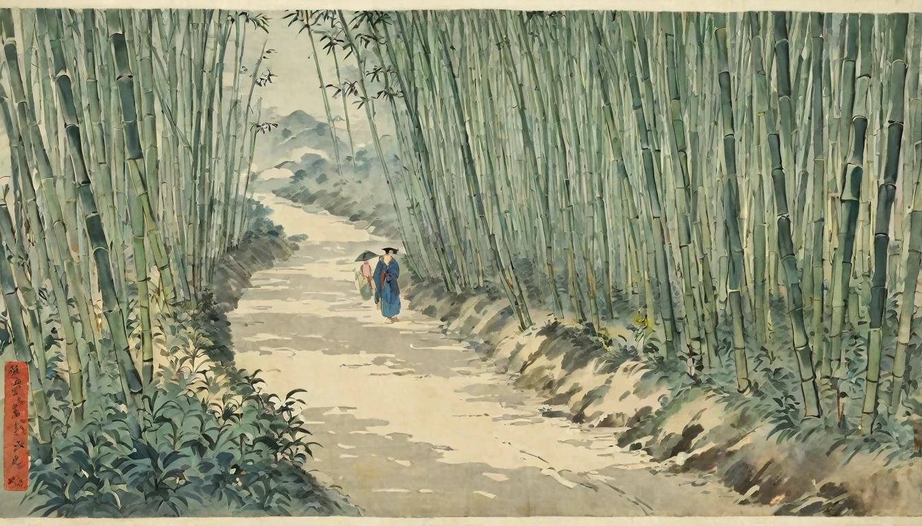 Katsushika Hokusai、vague、Mont、forest、bamboo forest、road、roadに咲く花、People passing by々、Ink and watercolor、Light tones、Large brush letters、Chinese Text、Ink Painting、書road,、Chinese character、Fading of Japanese paper、Washi paper folds