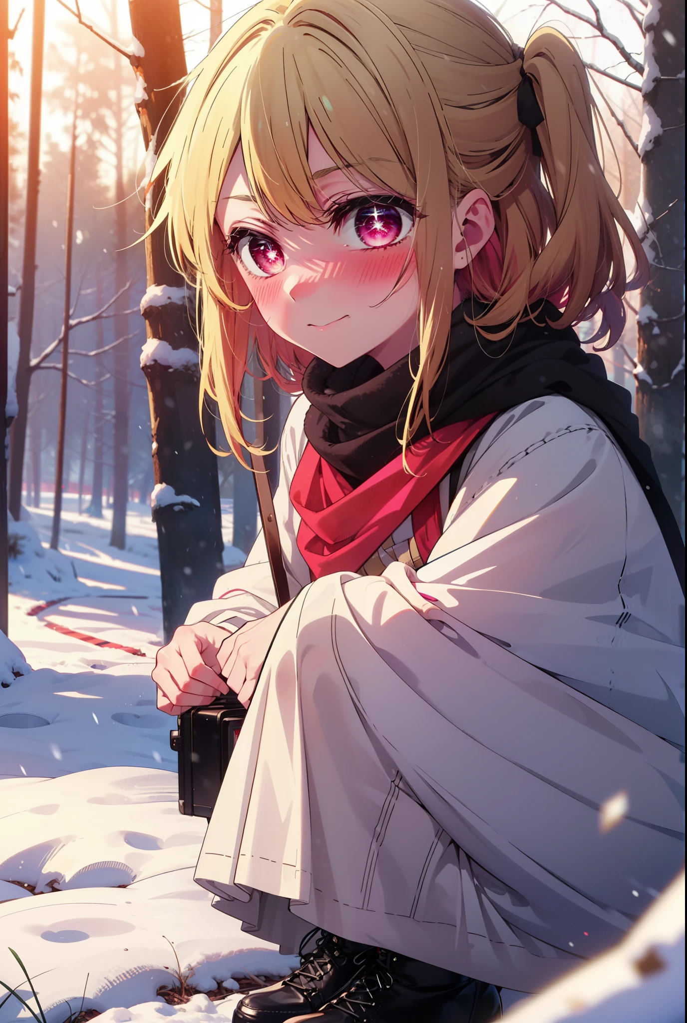 rubyhoshino, Hoshino Ruby, Long Hair, bangs, blonde, (Pink Eyes:1.3), Side Lock, (Symbol-shaped pupil:1.5), Multicolored Hair, Two-tone hair, smile,,smile,blush,white breath,
Open your mouth,snow,Ground bonfire, Outdoor, boots, snowing, From the side, wood, suitcase, Cape, Blurred, , forest, White handbag, nature,  Squat, Mouth closed, Cape, winter, Written boundary depth, Black shoes, red Cape break looking at viewer, Upper Body, whole body, break Outdoor, forest, nature, break (masterpiece:1.2), Highest quality, High resolution, unity 8k wallpaper, (shape:0.8), (Beautiful and beautiful eyes:1.6), Highly detailed face, Perfect lighting, Highly detailed CG, (Perfect hands, Perfect Anatomy),