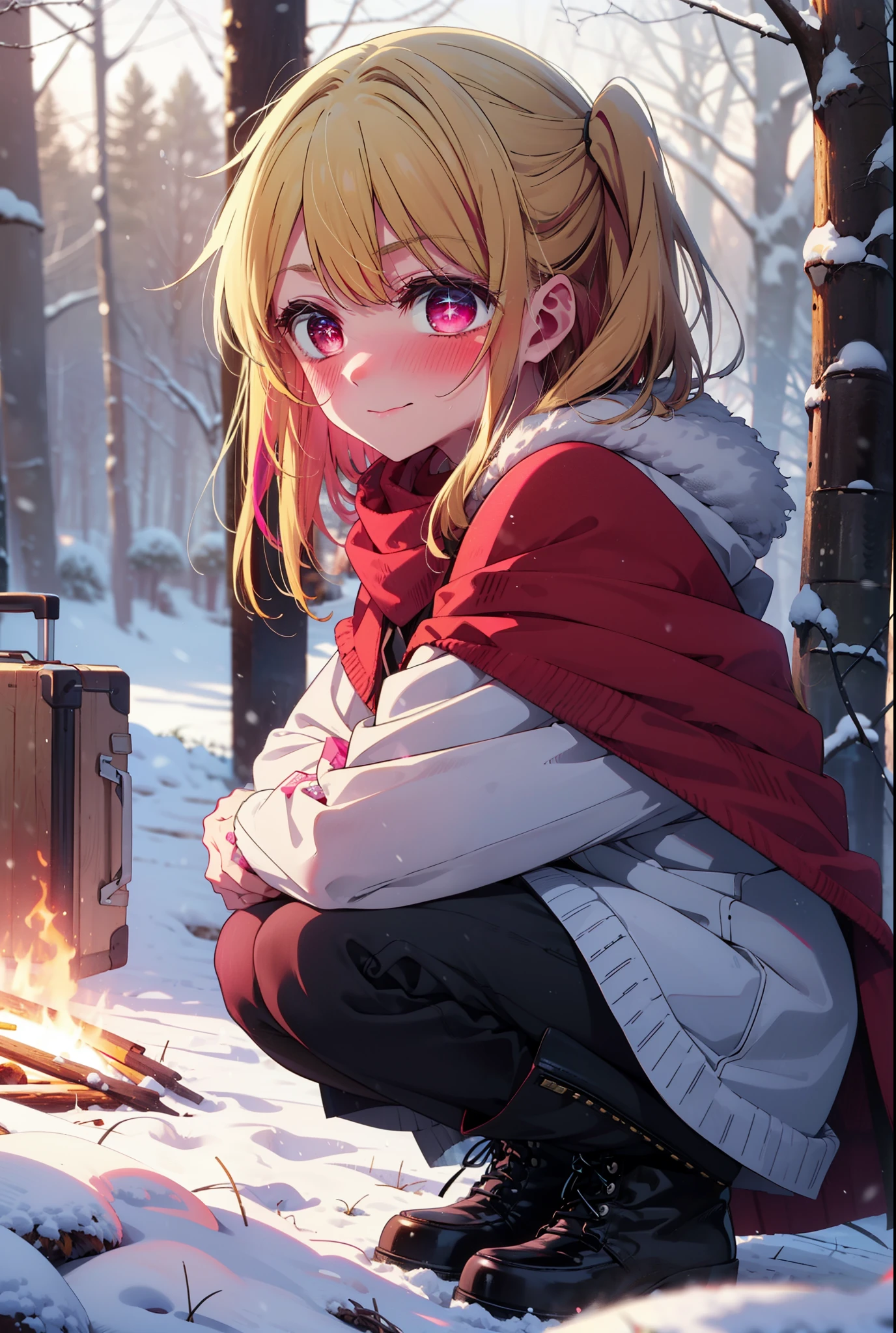 rubyhoshino, Hoshino Ruby, Long Hair, bangs, blonde, (Pink Eyes:1.3), Side Lock, (Symbol-shaped pupil:1.5), Multicolored Hair, Two-tone hair, smile,,smile,blush,white breath,
Open your mouth,snow,Ground bonfire, Outdoor, boots, snowing, From the side, wood, suitcase, Cape, Blurred, , forest, White handbag, nature,  Squat, Mouth closed, Cape, winter, Written boundary depth, Black shoes, red Cape break looking at viewer, Upper Body, whole body, break Outdoor, forest, nature, break (masterpiece:1.2), Highest quality, High resolution, unity 8k wallpaper, (shape:0.8), (Beautiful and beautiful eyes:1.6), Highly detailed face, Perfect lighting, Highly detailed CG, (Perfect hands, Perfect Anatomy),