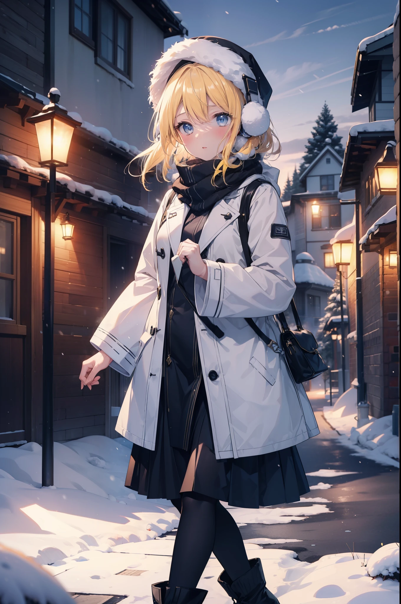 Eliase, catalyst, Yellow Hair, blue eyes, Long Hair,Knitted hat,Earmuffs,blush,Open your mouth,White Breath,White scarf,Light blue long coat,White long skirt,Black pantyhose,short boots,Walking,snowが降っている,snowが積もっている,snow,snow,snow,night,whole bodyがイラストに入るように,
break looking at viewer,whole body,
break outdoors,Residential Street,
break (masterpiece:1.2), Highest quality, High resolution, unity 8k wallpaper, (figure:0.8), (Beautiful attention to detail:1.6), Highly detailed face, Perfect lighting, Highly detailed CG, (Perfect hands, Perfect Anatomy),