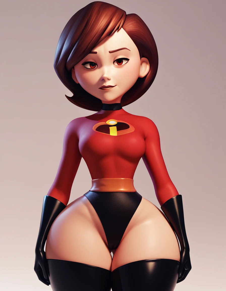 Helen parr from the incredibles wearing a bikini covered in sweat squatting with big breasts thick thighs wide hips with her hands behind her head and legs open exposing her hairy pussy looking at the viewer with a smile