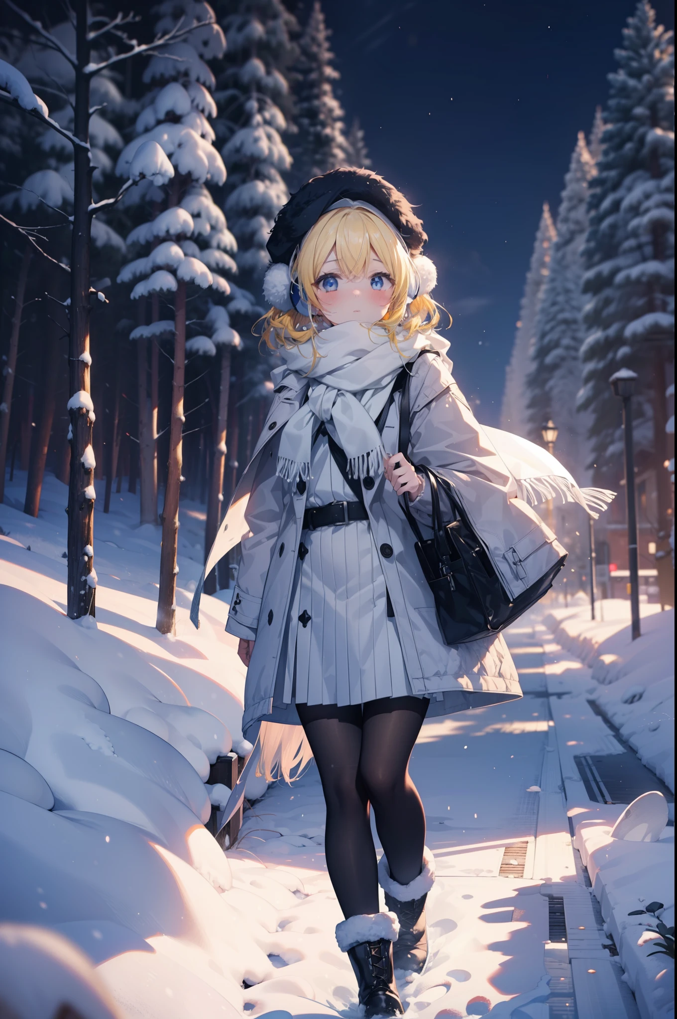 Eliase, catalyst, Yellow Hair, blue eyes, Long Hair,Knitted hat,Earmuffs,blush,Open your mouth,White Breath,White scarf,Light blue long coat,White long skirt,Black pantyhose,short boots,Walking,snowが降っている,snowが積もっている,snow,snow,snow,night,whole bodyがイラストに入るように,
break looking at viewer,whole body,
break outdoors,Residential Street,
break (masterpiece:1.2), Highest quality, High resolution, unity 8k wallpaper, (figure:0.8), (Beautiful attention to detail:1.6), Highly detailed face, Perfect lighting, Highly detailed CG, (Perfect hands, Perfect Anatomy),