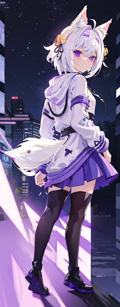 masterpiece, best quality, back alley background, night, light post, 1girl, solo, filian, white hair, short hair, ahoge, animal ears, hair bell, hairband, big gorgeous purple eyes, serious face, white fluffy fox tail, purple jacket(cat ear hoodie), blue skirt, black leg stockings, full body pose, innocent pose