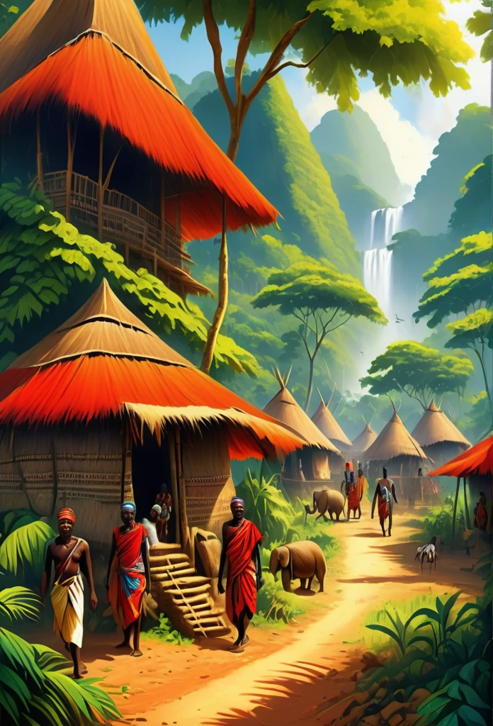 Ultra Realistic, Highly Defined Details, African Tribal Village in tropical trees, lush green tropical rainforest, sunlight shines through the leaves, red tents with animal fur draped over the entrance, decorative bones around the village, some villagers praying on their knees,