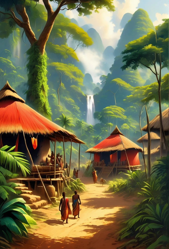 Ultra Realistic, Highly Defined Details, African Tribal Village in tropical trees, lush green tropical rainforest, sunlight shines through the leaves, red tents with animal fur draped over the entrance, decorative bones around the village, some villagers praying on their knees,