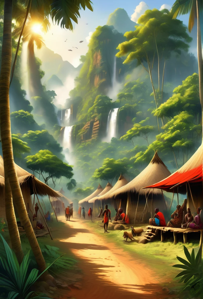 Ultra Realistic, Highly Defined Details, African Tribal Village in tropical trees, lush green tropical rainforest, sunlight shines through the leaves, red tents with animal fur draped over the entrance, decorative bones around the village, some villagers praying on their knees,