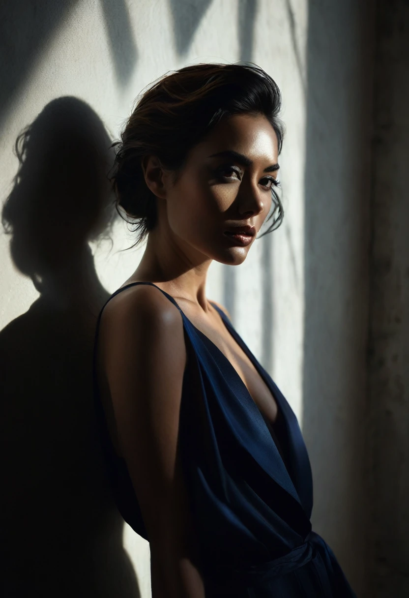 woman bathed in soft light, leaning against a wall, looking into the camera in a moment of raw emotion. Her attire is minimal, accentuating her beauty with the dramatic shadows cast by the lighting. The background is stark, with sharp contrasts highlighting the contours of her form. The blue and black palette intensifies the mood, evoking a sense of mystery and allure. Subtle film grain and meticulous shading add depth and texture, emphasizing the emotional gravity of the scene. The lighting creates a chiaroscuro effect, accentuating her expressive pose and the intense atmosphere.