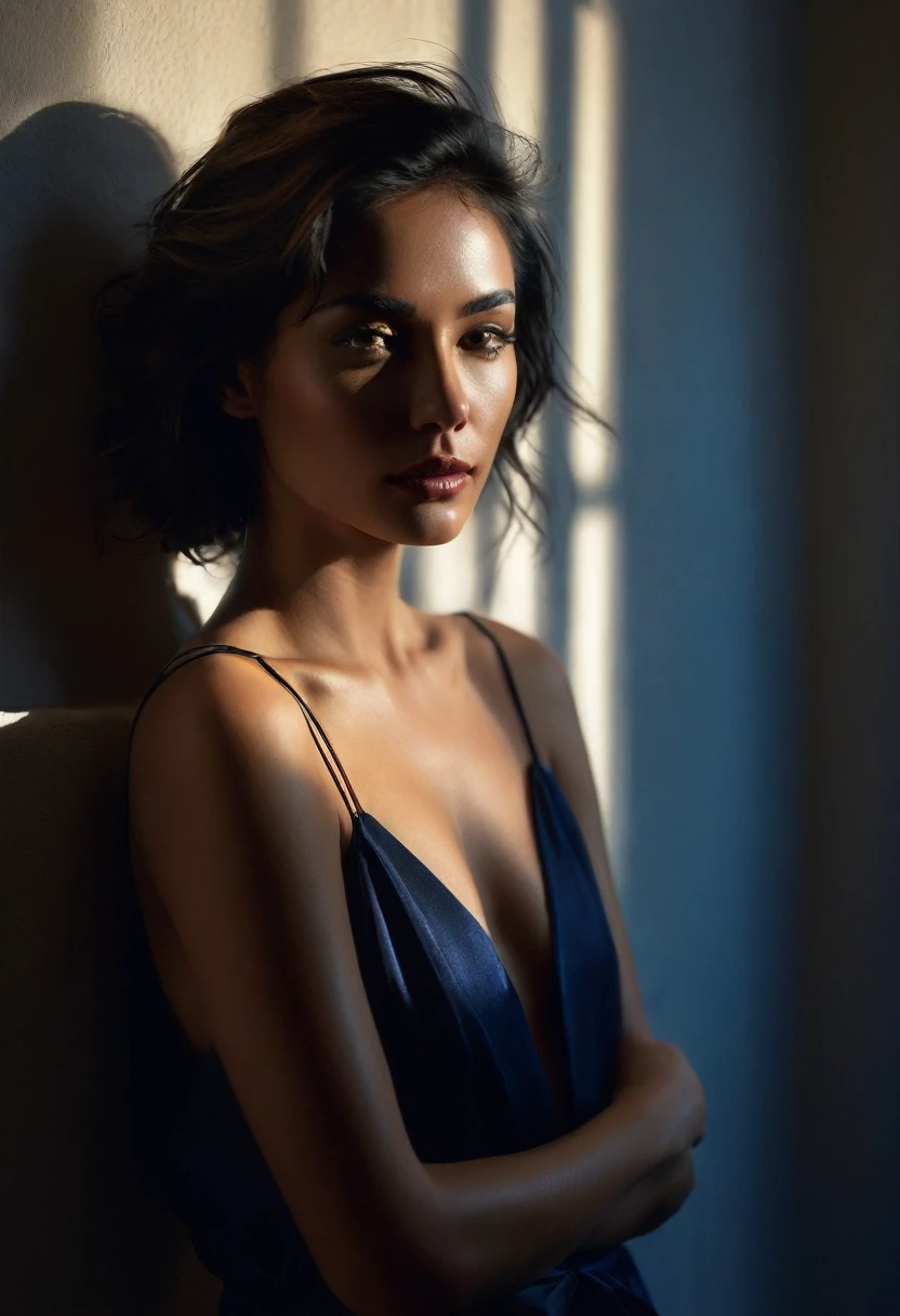 woman bathed in soft light, leaning against a wall, looking into the camera in a moment of raw emotion. Her attire is minimal, accentuating her beauty with the dramatic shadows cast by the lighting. The background is stark, with sharp contrasts highlighting the contours of her form. The blue and black palette intensifies the mood, evoking a sense of mystery and allure. Subtle film grain and meticulous shading add depth and texture, emphasizing the emotional gravity of the scene. The lighting creates a chiaroscuro effect, accentuating her expressive pose and the intense atmosphere.