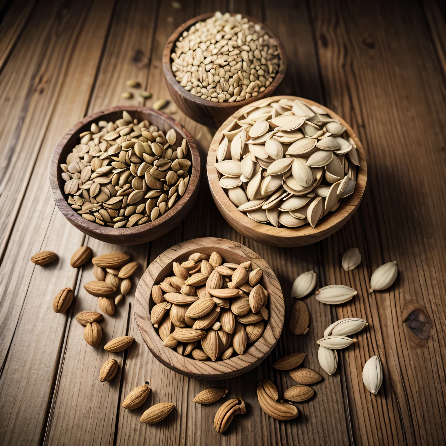 Variety of nuts and seeds: A handful of assorted nuts and seeds like almonds, walnuts, cashews, pumpkin seeds, and sunflower seeds, scattered on a rustic wooden surface.