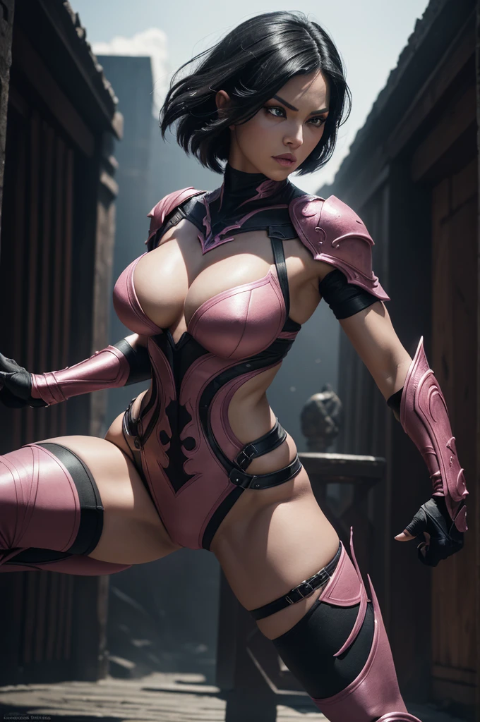 a detailed portrait of Mileena from mortal kombat, photorealistic digital art, full body epic battle pose, black and pink body costume, black hair with pink streaks, (best quality,4k,8k,highres,masterpiece:1.2),ultra-detailed,(realistic,photorealistic,photo-realistic:1.37),highly detailed face, beautiful detailed eyes, beautiful detailed lips, extremely detailed eyes and face, long eyelashes, epic battle stance, dynamic pose, rose pink accents, moody lighting, dramatic shadows, cinematic composition, bob haircut