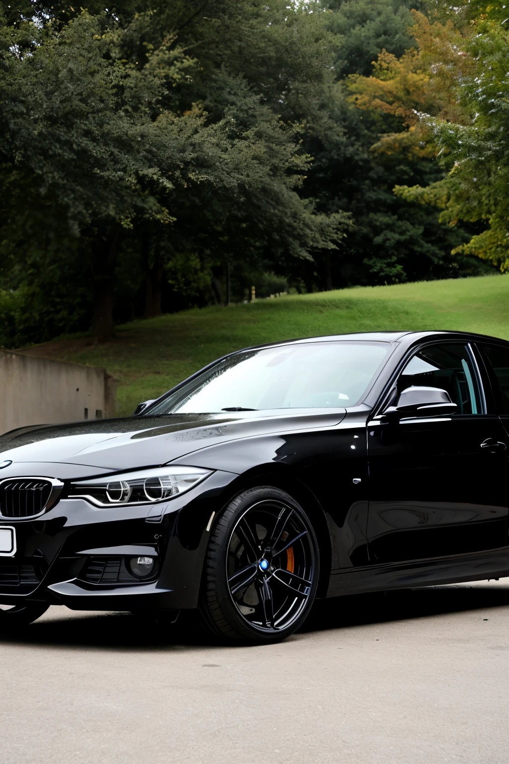 make a picture of a black bmw 320i with black wheels, She's at a shell gas station, she has no plates, I want a high resolution DSLR photo with wide-angle lens