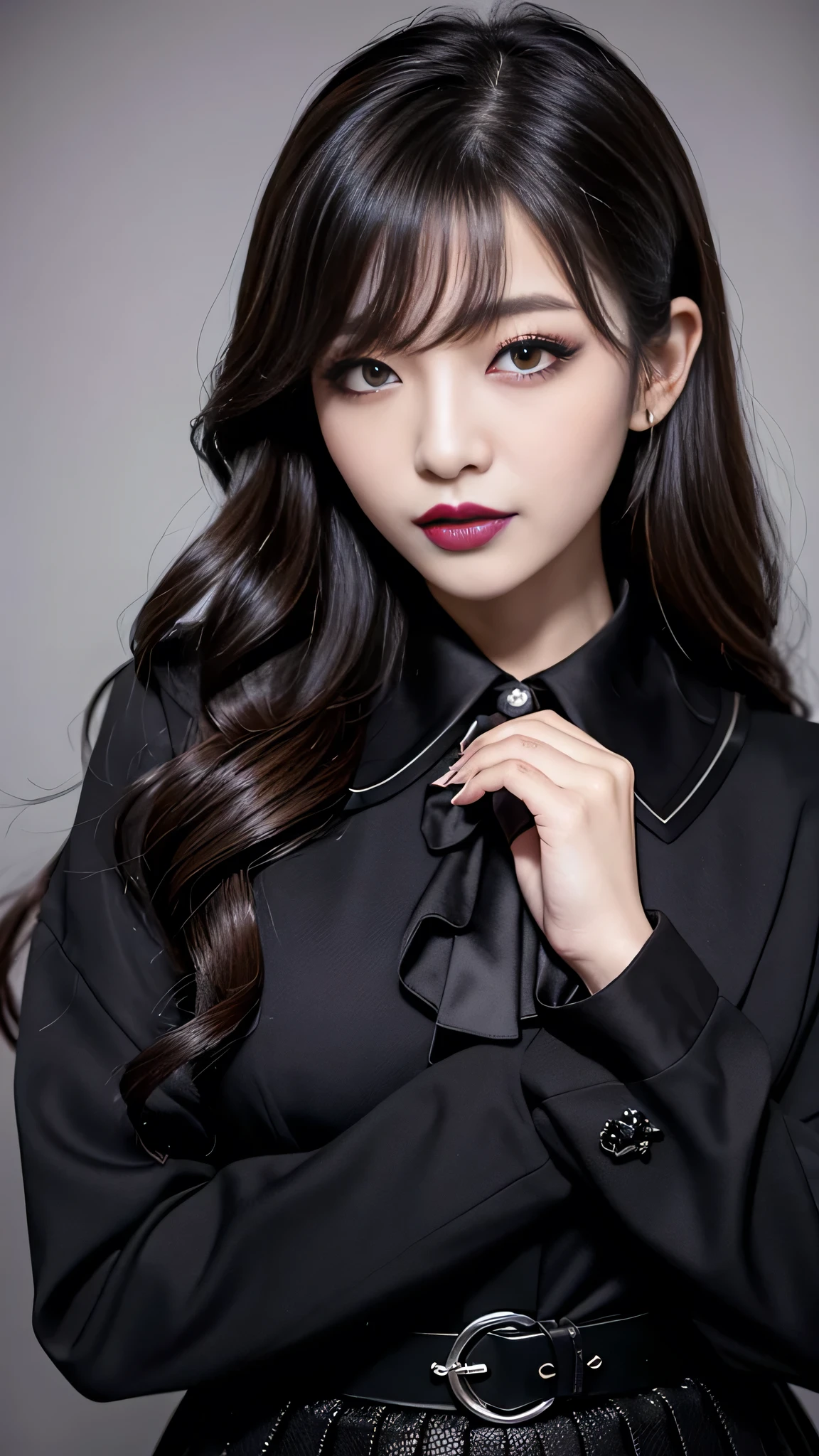 best quality、ultra-detailed、4k、Japanese、Seductive beauty、seductive adult woman、Pretty Woman、cool girl、Villainess、Brainwashed、brainwash、Fallen into evil、smirk、Evil look、Wicked Smile、evil、Brown hair、wavy hair、swept bangs、dark makeup、dark makeup、piercing eyes、hollow eyes,half-closed eyes、Hollow Eyes、purple Eyeshadow、black lipstick、black lipglos、suit、Jacket、Black Ribbon、Frilled blouse、flare skirt、night、inside darkroom、Has a switch、Emblem of Evil、Crest of Darkness、Swear allegiance、I have pledged my allegiance、Dye black、Blackening、Stained with evil、Dyed in darkness、